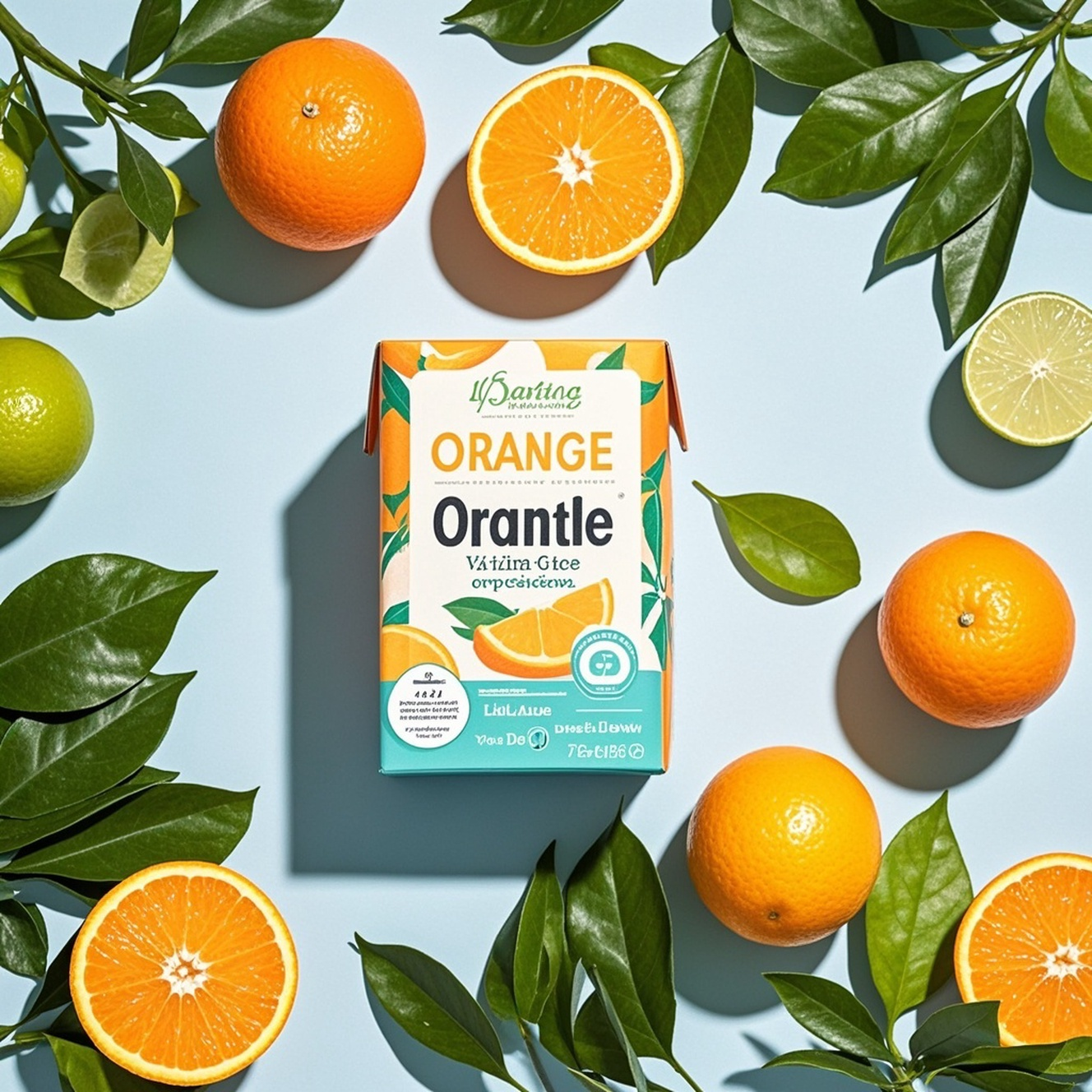 电商主图橙汁,方形纸盒装橙汁电商主图,大自然养生场景搭建,维生素c,浅色背景,高清拍摄图片,电商用途,主图