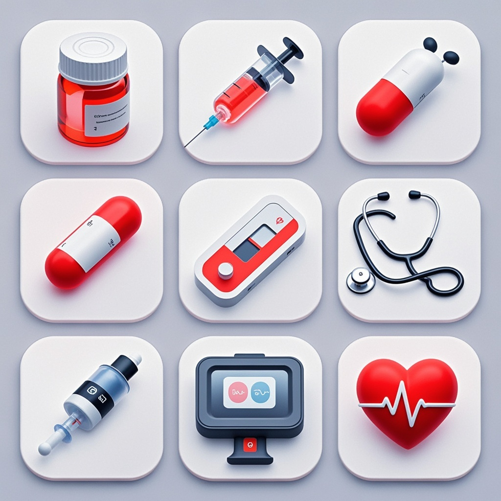 UI图标药品,icon图标设计,一共九个,图标顺序依次是:药品, 注射器,试纸,听诊器,心率,心脏,3D,立体感,颜色统一