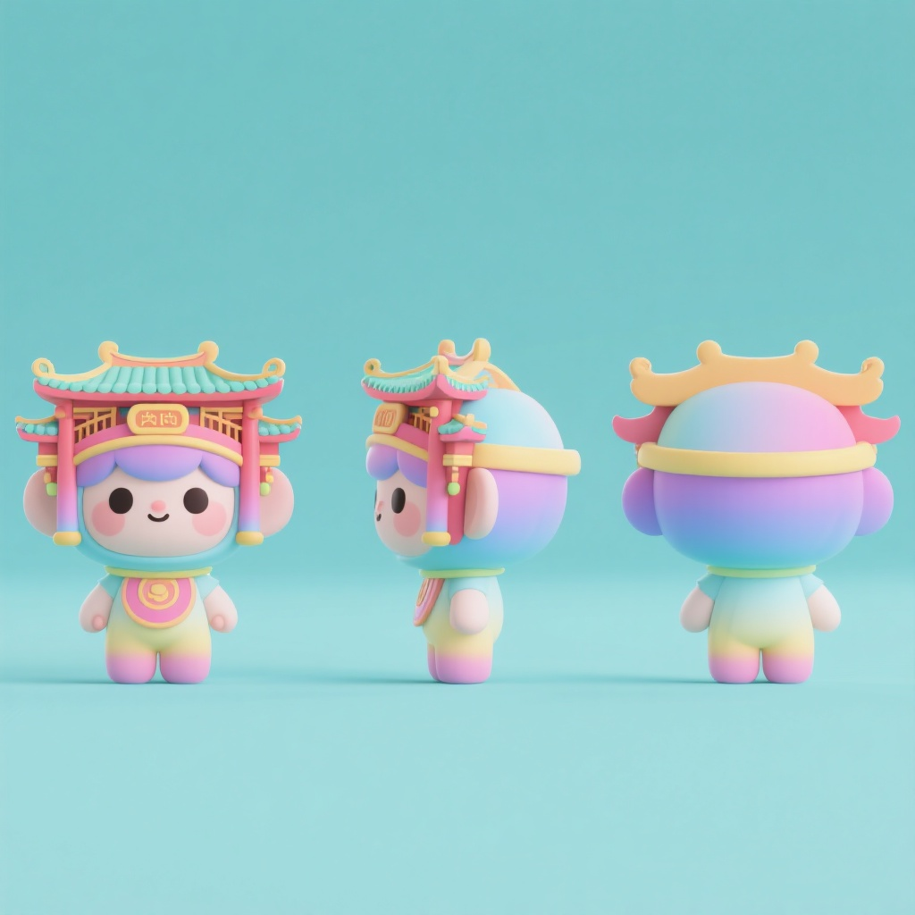 IP形象设计岭南建筑拟人,Q版可爱的IP,岭南建筑风格渐变头饰。上面一排展示IP效果三视角,即正面视角、侧面视角、背面视角。