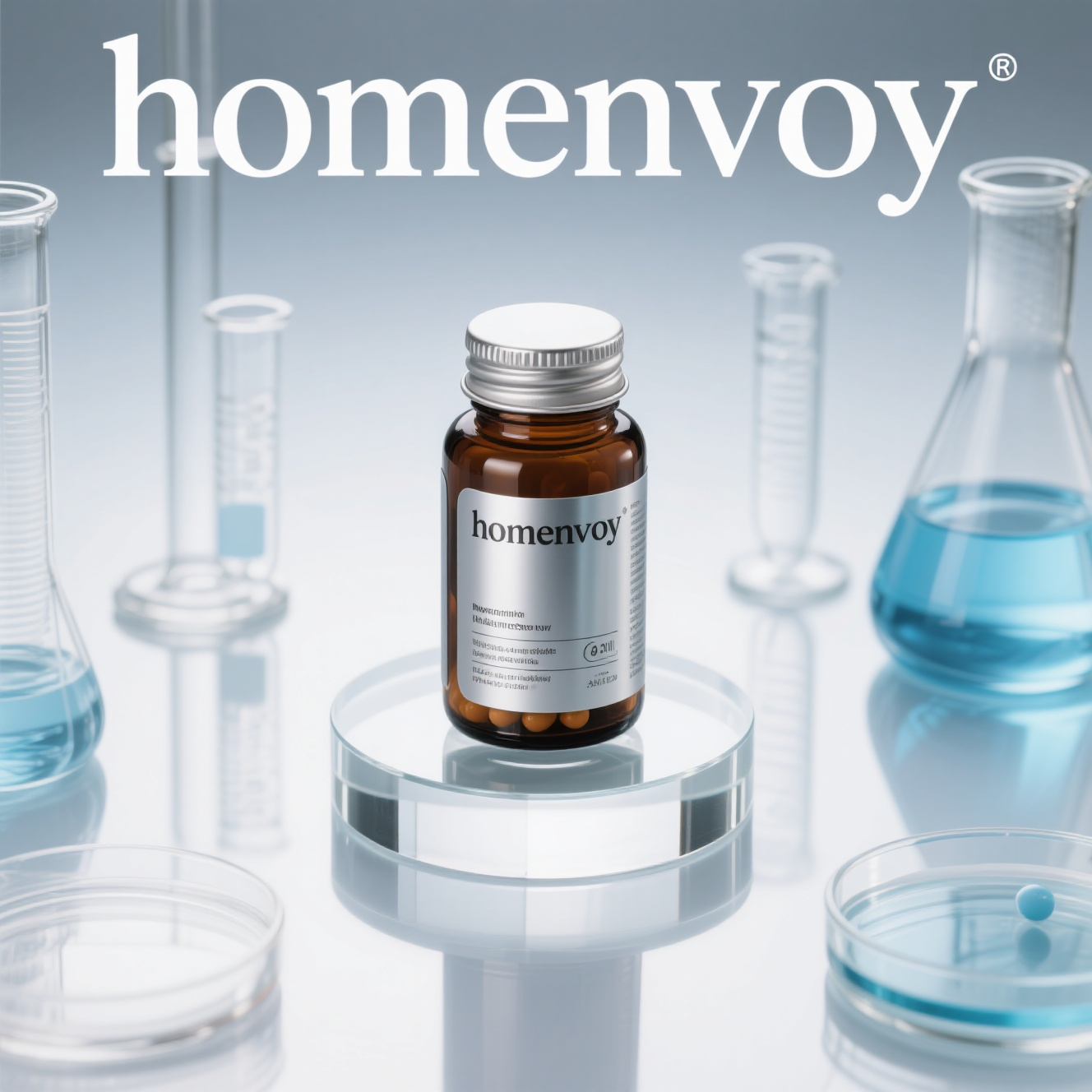 电商主图药,以冷色调为主的现代科技风格海报,中心构图。画面中心是一瓶 “homenvoy” 的胶囊瓶,棕色瓶身,银色标签,搭配银色瓶盖,放置在玻璃质感的玻璃台座上。 浅灰色渐变背景(从上到下稍深,凸显主体)。浅色背景,周围环绕着透明的实验室玻璃器皿,如试管、培养皿等,玻璃器皿带有蓝色光影效果,高端、专业、富有科技感的氛围。