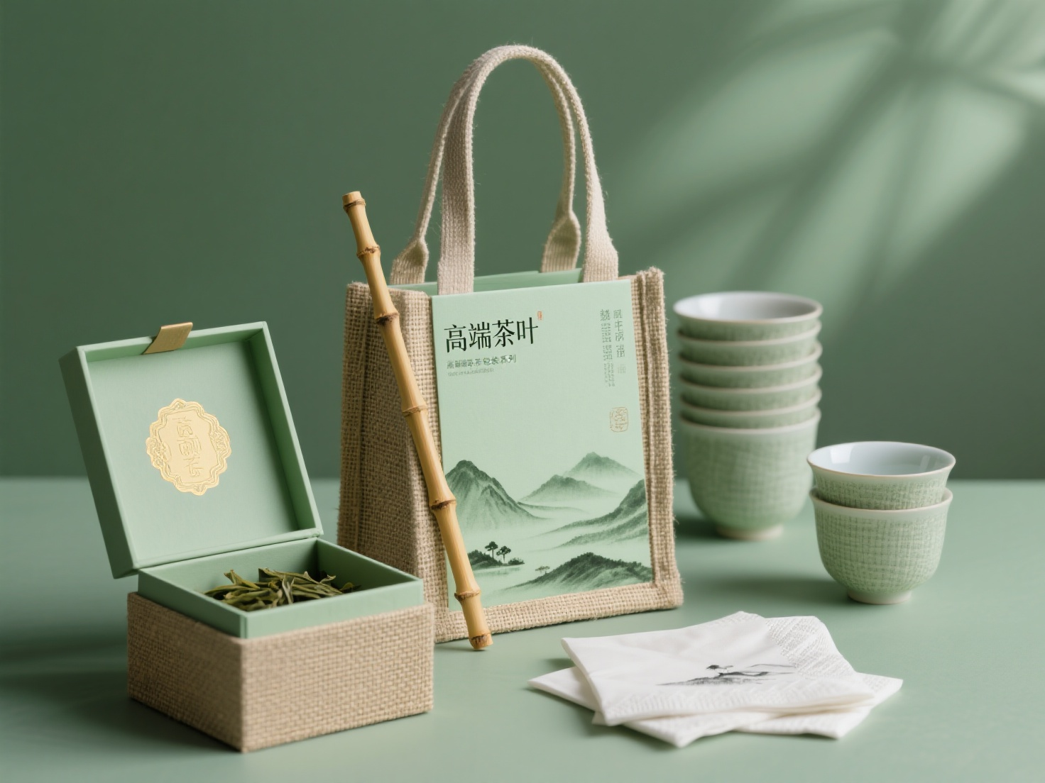 茶叶品牌CIVI包装,高端茶叶包装系列:立体亚麻手提袋,竹制吸管,宣纸餐巾纸堆叠,开启式环保茶盒,磨砂质感茶杯,烫金茶叶卡片。青瓷绿主调,水墨茶山图案,麻布纹理细节,平面设计展示。