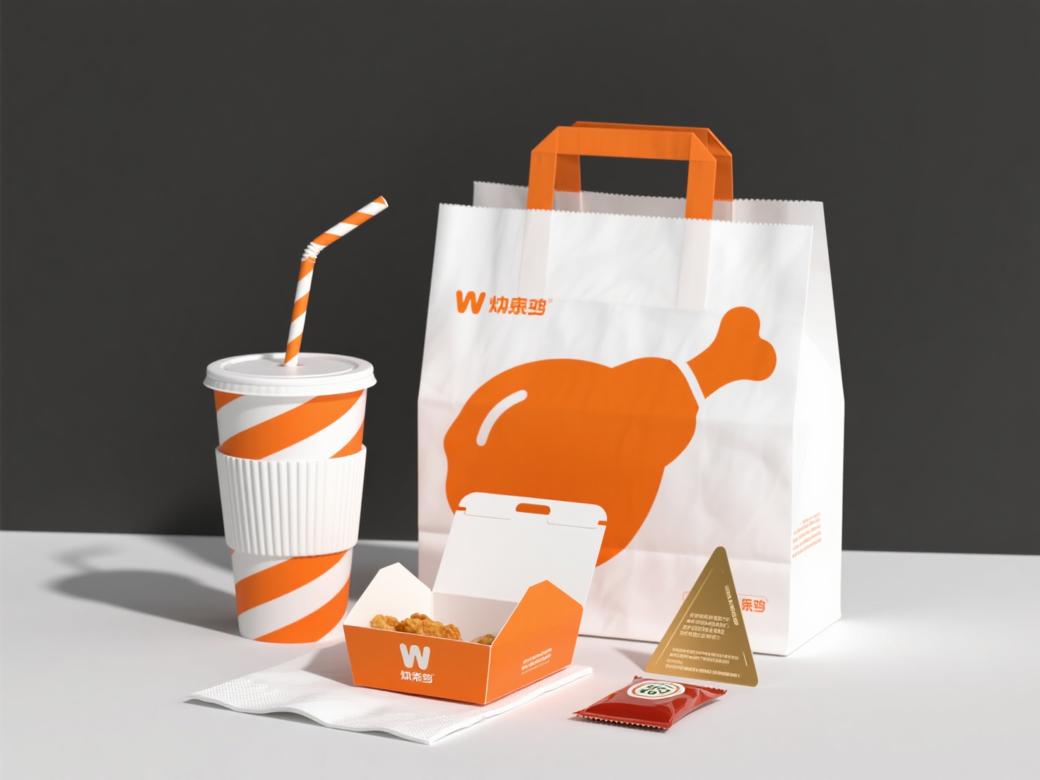 炸鸡品牌CIVI包装,快餐品牌环保包装:立体折叠手提袋,条纹纸吸管,压纹餐巾纸,开启式炸鸡餐盒,波纹隔热饮料杯,番茄酱三角包,烫金品牌卡。主色系橙+白,炸鸡腿剪影图案,极简矢量风格。