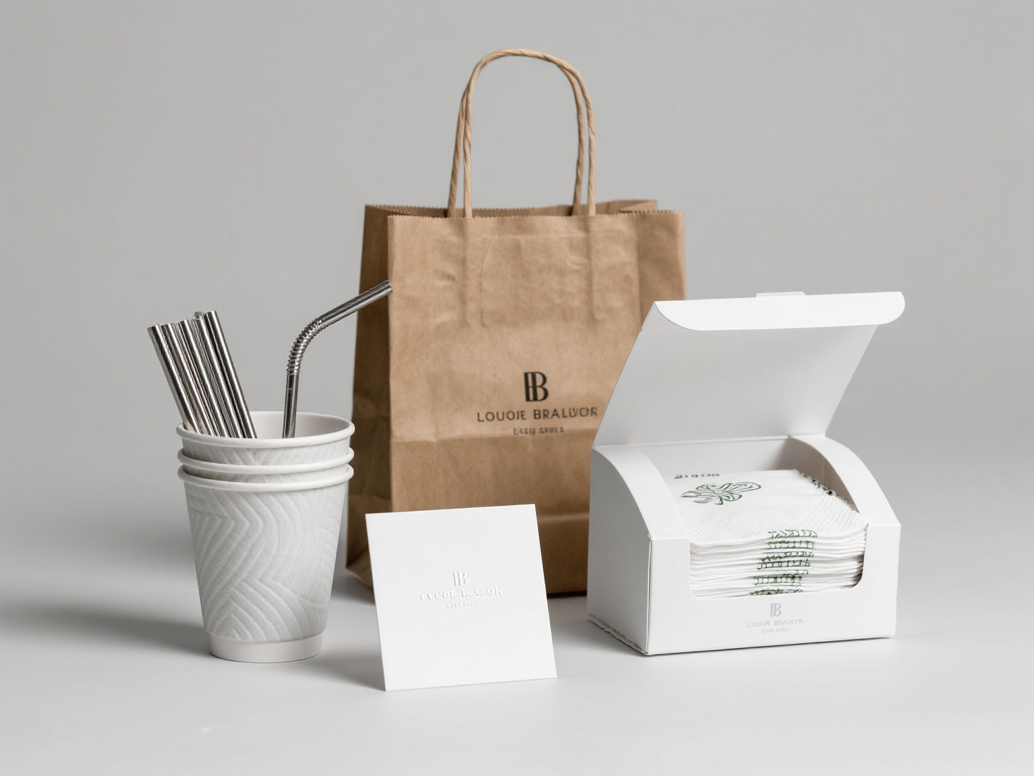 奢侈品品牌CIVI包装,奢侈品牌环保包装:立体牛皮纸手提袋,波纹不锈钢吸管,堆叠印花餐巾纸,开启式环保盒子,一次性竹纤维饮料杯,方形卡片。银白色主调,现代极简风格,材质纹理细节。