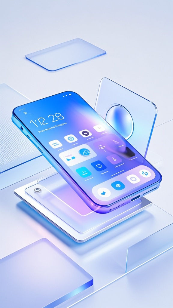 UI手机效果图,一个倾斜90度的手机,科技感透明材质,冷色调的蓝紫渐变,磨砂玻璃质感,透明感,UI 设计风格,等轴侧视角,梦幻风格,色彩明亮,3D 艺术,使用 C4D 软件制作,配合oc渲染器,可结合 Blender 软件,采用光线追踪技术,参考 Pinterest、Dribbble 风格,减少细节,超级高清,16K 分辨率高品质,许多细节,透明磨砂玻璃材质,干净白色背景