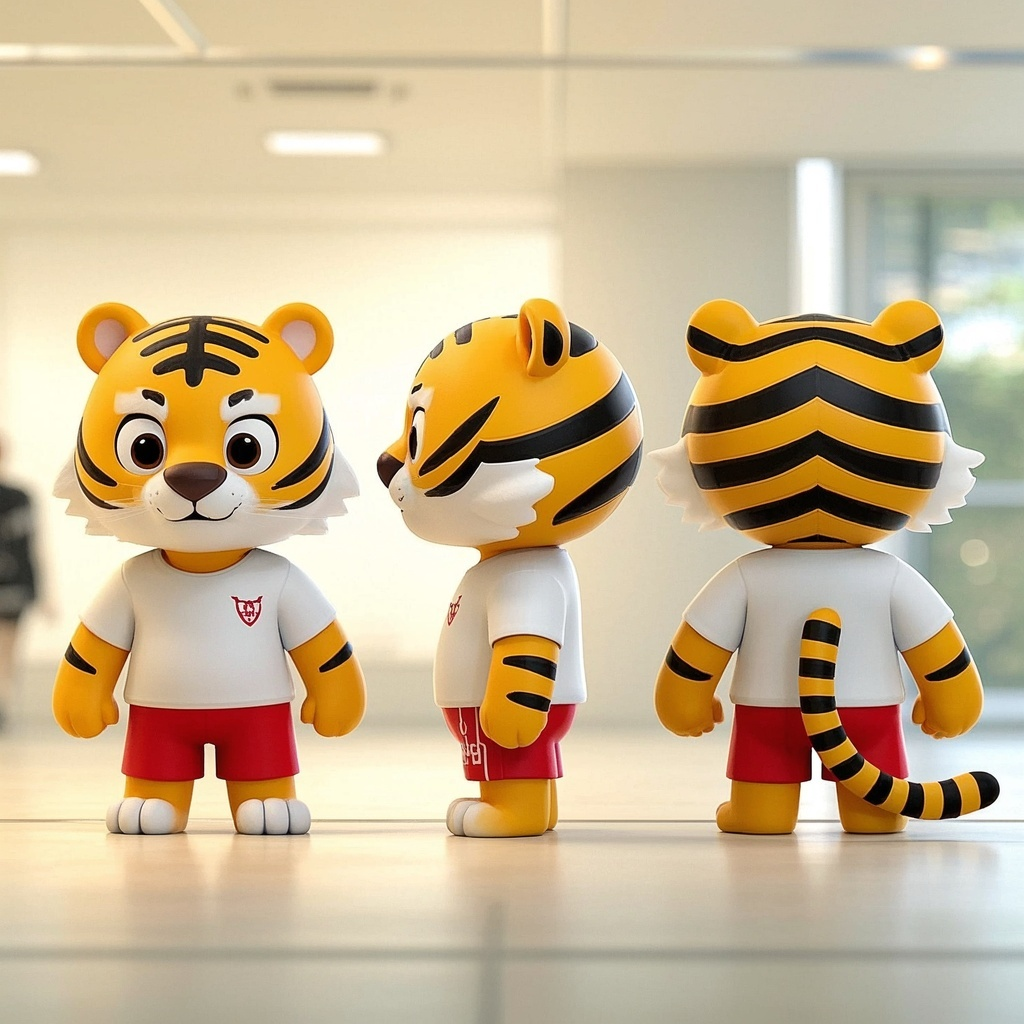 IP形象设计老虎,一个拟人化老虎IP设计,三视图,主视图,左视图,后视图,穿着白色的上衣,红色短裤,身上有黑色条纹,3D,C4D,OC渲染,高质量