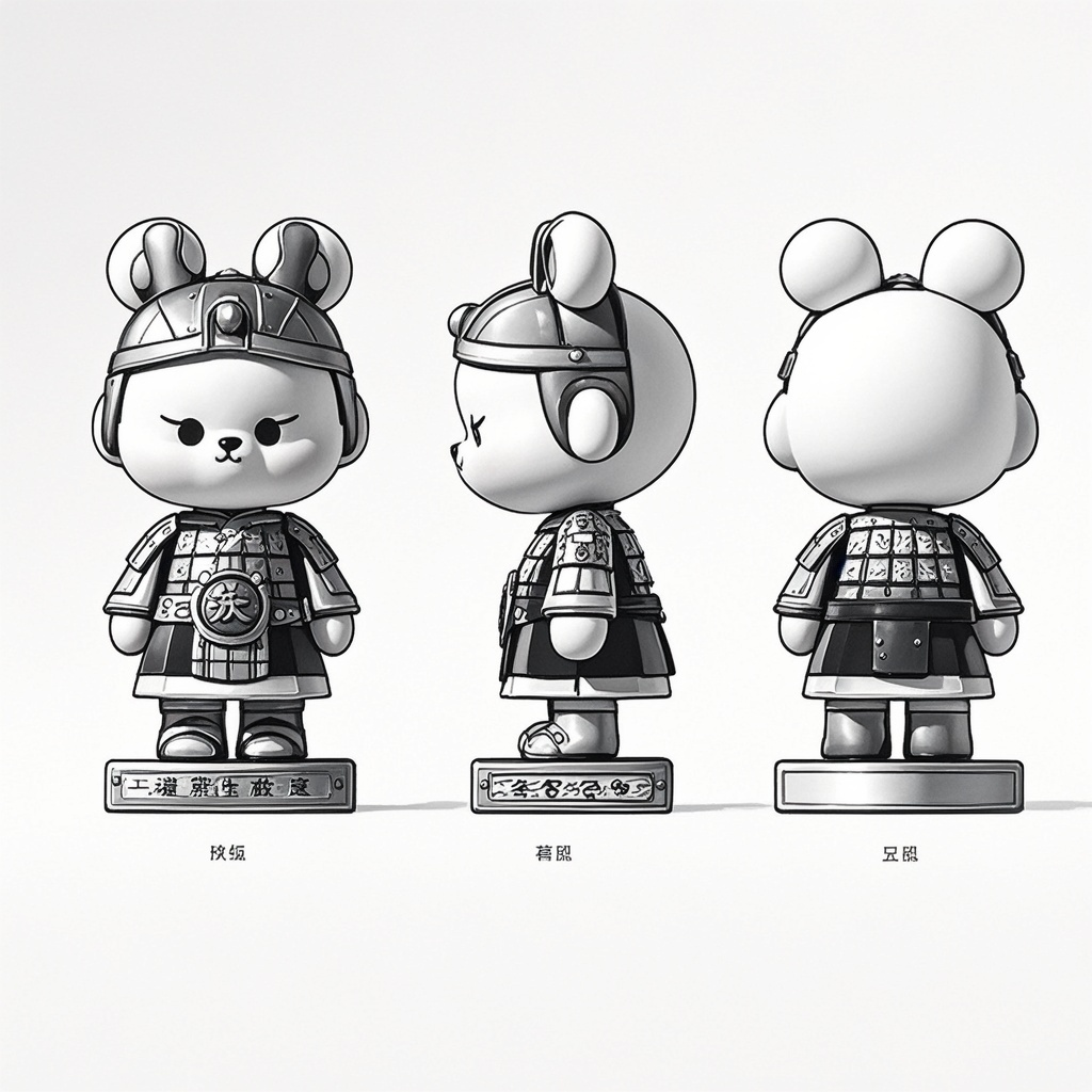 IP形象设计兵马俑小熊,盲盒包装的可爱的小熊人ip、头身比1:1、精致的五官、多视角,兵马俑,卡通形象的三个视角、生成三个视角,即正面视角、侧面视角和背面视角、保持一致性和统一性、草图、草稿、单色、黑白手稿、干净的背景
