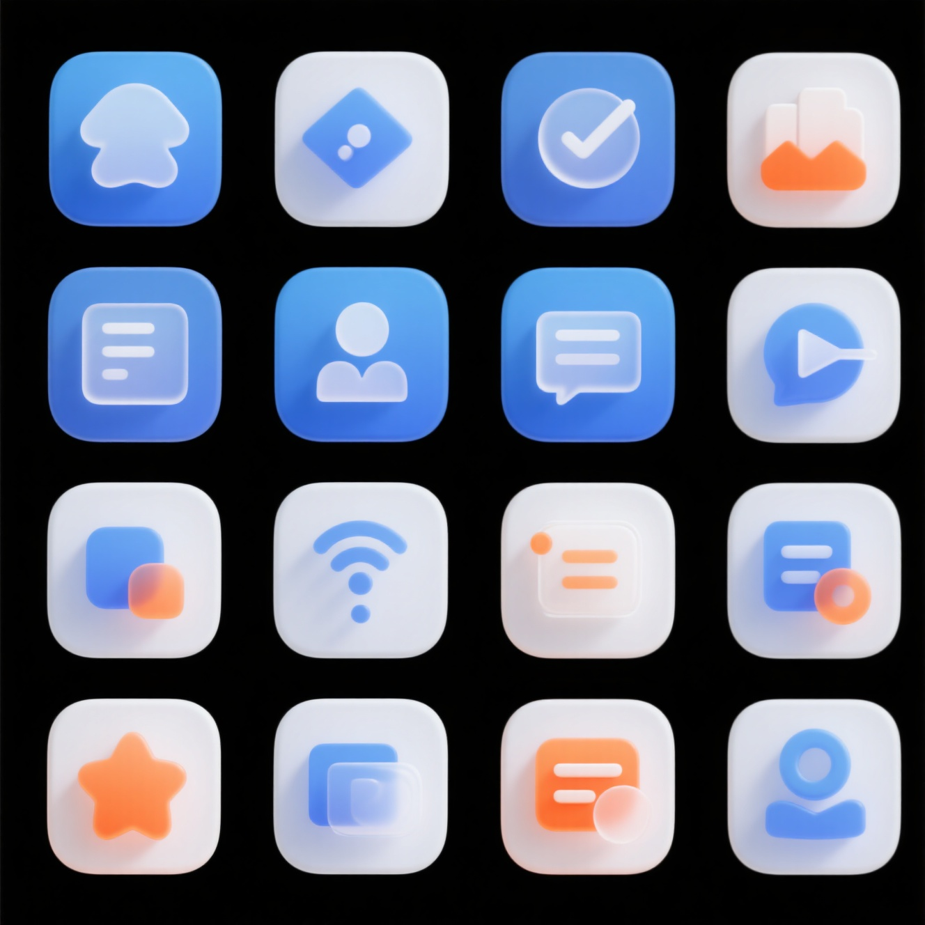 UI图标磨砂玻璃,生成一套关于办公系统平台的系列图标,精美,UI,icon,浮雕感,系列感,风格统一,高级感,简约,蓝青橘白配色,最佳画质,创意,彩色,高级,半透明,纯黑色背景
