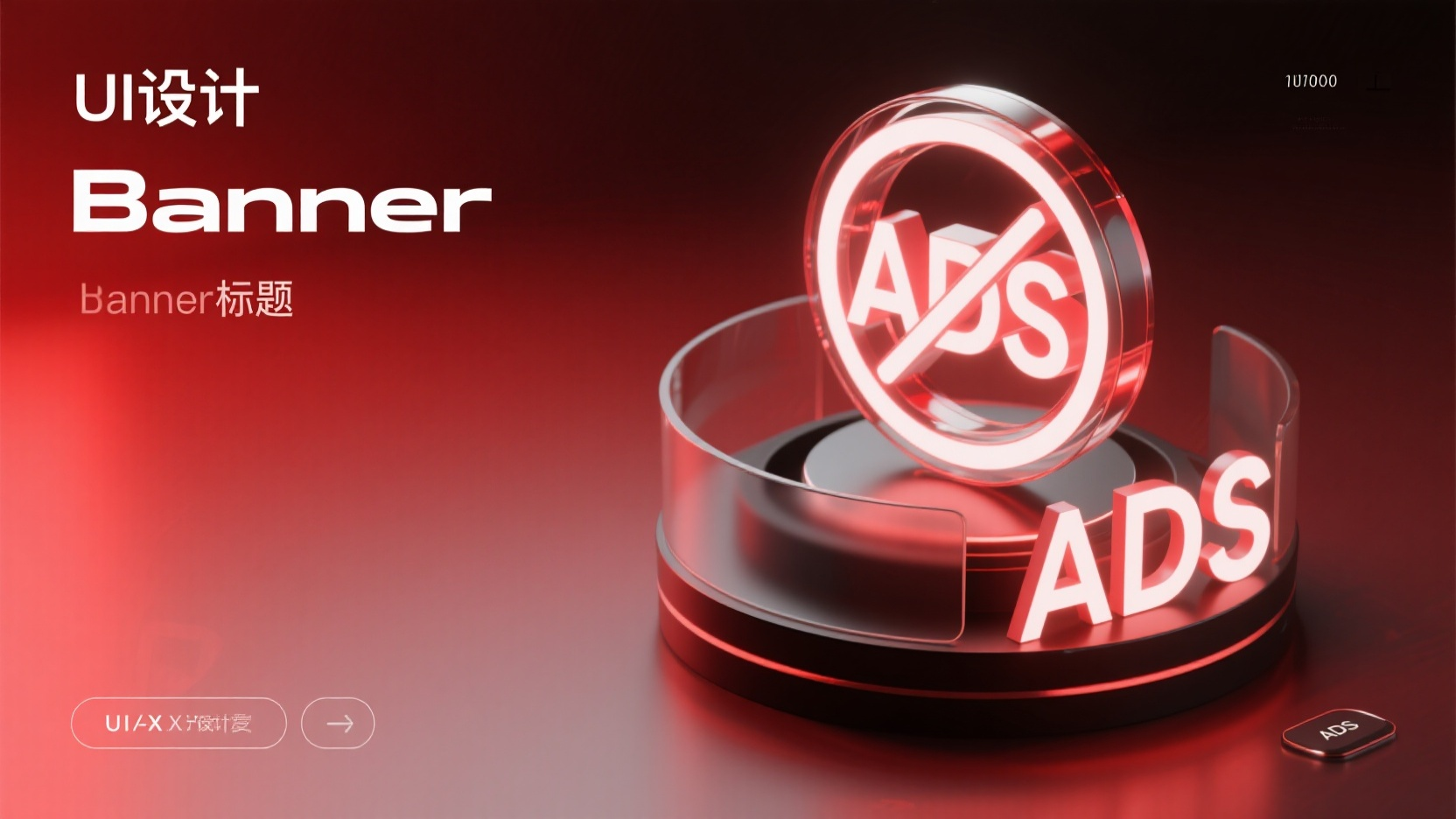科技banner红黑配色,科技banner,官方海报,右边一个圆形的底座,英文字母“ADS”与禁止图标结合,等轴侧视图,玻璃材质,红色渐变,主色为红黑白。科技感,UIUX设计,暗色背景,发光,毛玻璃质感,3D渲染,高清细节,无文字,C4D, Blende ,Pinterest、Dribbble、behance