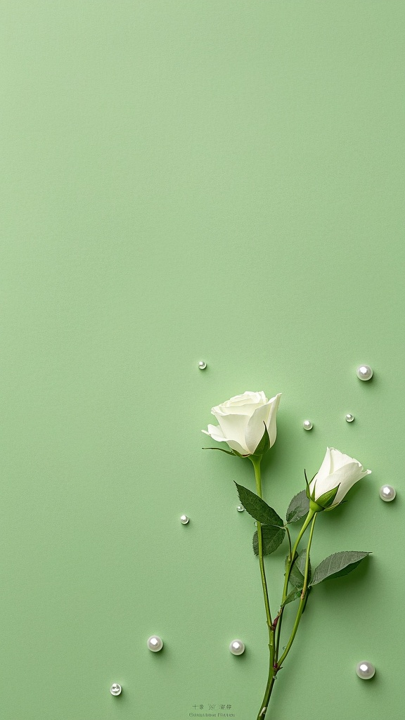 简约的纯背景,绿色纯色背景,有肌理感,质感,干净,右下角有两朵白绿色小玫瑰,手机壁纸,中间空白有小珍珠,