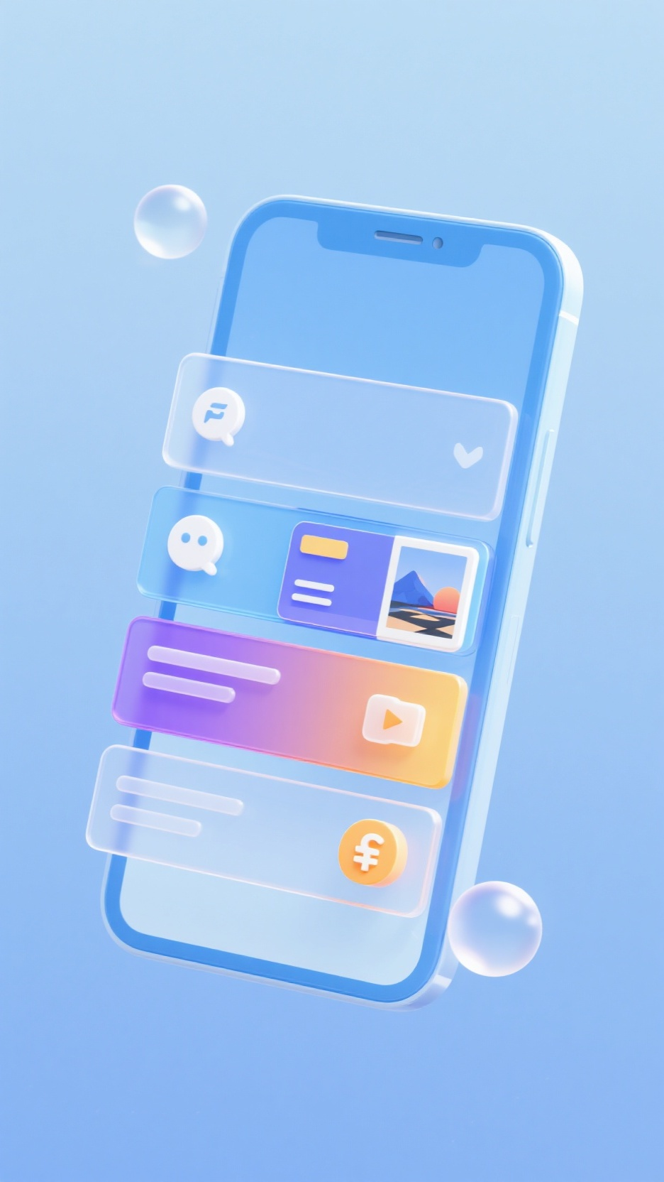UI手机效果图,微软风格数字信息可视化,扁平轻量的UI海报配图,轻量毛玻璃风格,画面中心是一个浅蓝色的半透明手机屏,几条信息带特别宽叠在一起,带体呈浅色的蓝色、紫色、橙黄色透明渐变色,具备玻璃反射质感。信息带上集成了各类UI图标,如短信图标,卡片、图片、视频图标等,具有3D立体风格。整体画面背景为浅蓝色纯色背景,光感柔和,带有悬浮球形高光元素。画面整体具有未来感、科技感和数字金融氛围,适用于智能生活、数据流、信息可视化等主题。