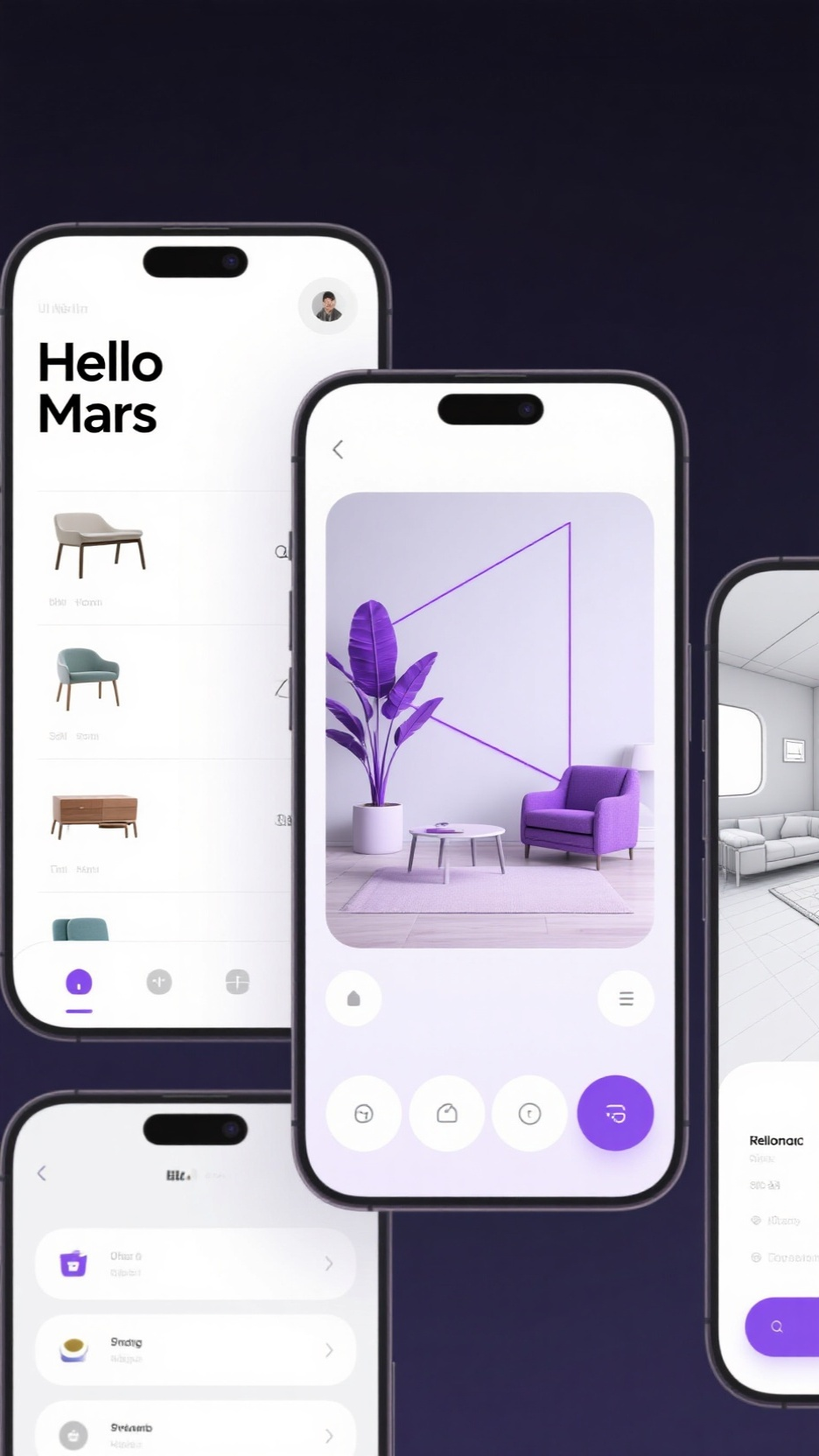 UI手机效果图,极简主义风格的UI设计,标题为“Hello Mars”。画面由多个手机屏幕界面组成,左侧界面展示家具和物品的列表,中间界面展示一张带有紫色植物和几何线条装饰的室内照片,右侧界面展示家具的3D扫描模型和房间布局。整体配色以白色、紫色和浅灰色为主,氛围现代简约且富有科技感。标题位于左侧界面顶部,使用文字。画面底部有多个图标和文字信息。