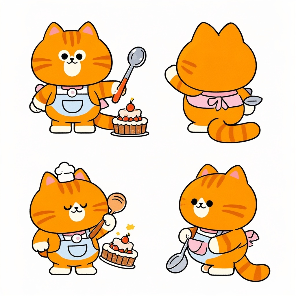 IP形象设计猫厨师,吉祥物设计,盲盒风格, 全身, 可爱的橘黄色小猫,拿着大勺子, 干净的背景, 三视图,即正面图、侧面图和背面图, 插画,扁平