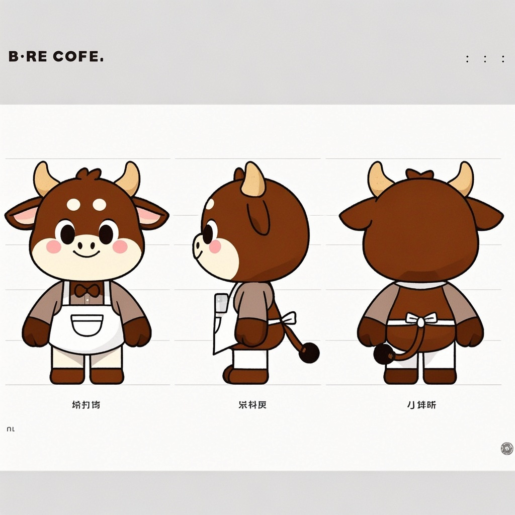 IP形象设计牛店员,吉祥物设计,盲盒风格, 全身, 可爱的咖啡色小牛,身穿围裙, 干净的背景, 三视图,即正面图、侧面图和背面图, 插画,扁平