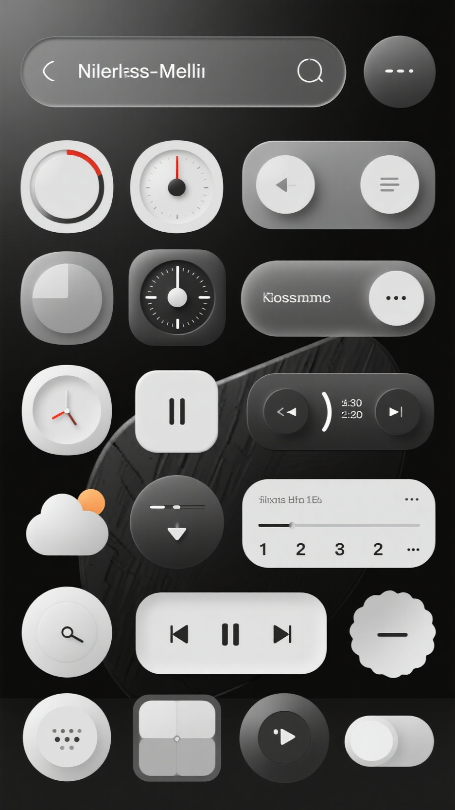 UI手机效果图,新拟态3D图标,多种设计,主题为半透明按钮,适用于UI,重点是圆形旋钮、按键、音量、刻度、指南针、播放、数字时间、天气等元素,模拟手机界面,版面设计,黑白灰配色,背景为黑色金属质感,低饱和度,风格参考新拟态,细节很多,高分辨率。