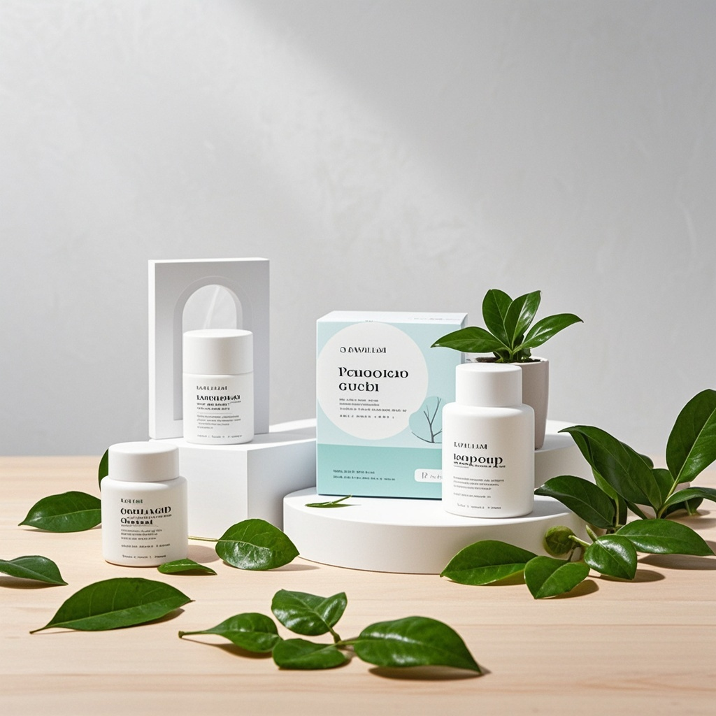 电商主图白色瓶子,简约小清新电商展示台背景,有一些树叶,整体是白色的色调