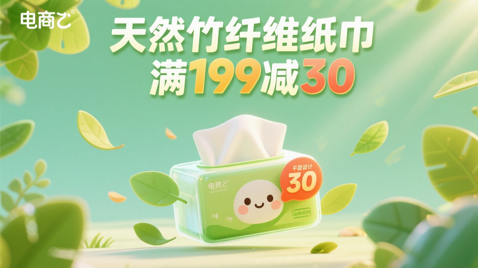 电商banner抽纸,产品banner,植物元素清新纸巾海报,卡通树叶环绕飘动纸巾盒,促销横幅"天然竹纤维纸巾满199减30",浅绿色背景阳光透射质感,3D立体促销标签