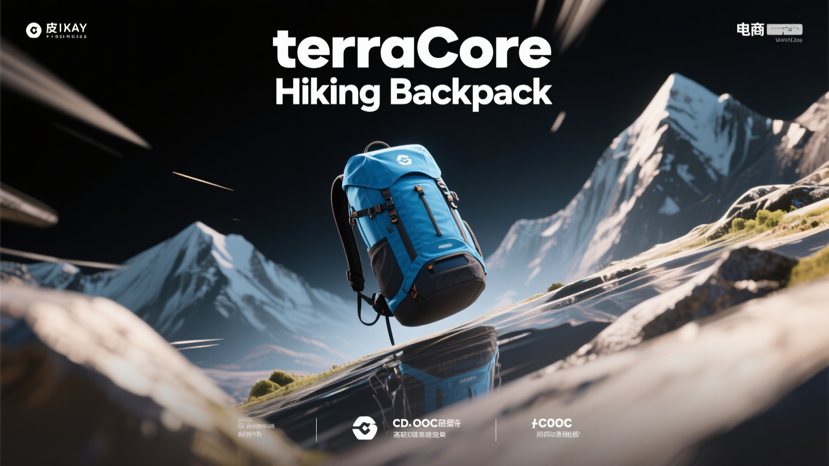 电商banner运动背包,电商banner,户外运动背包广告海报,“terraCore Hiking Backpack”,画面有山地背景,强烈光影对比,黑色与蓝色主调,动感布局,字体粗壮有冲击力。