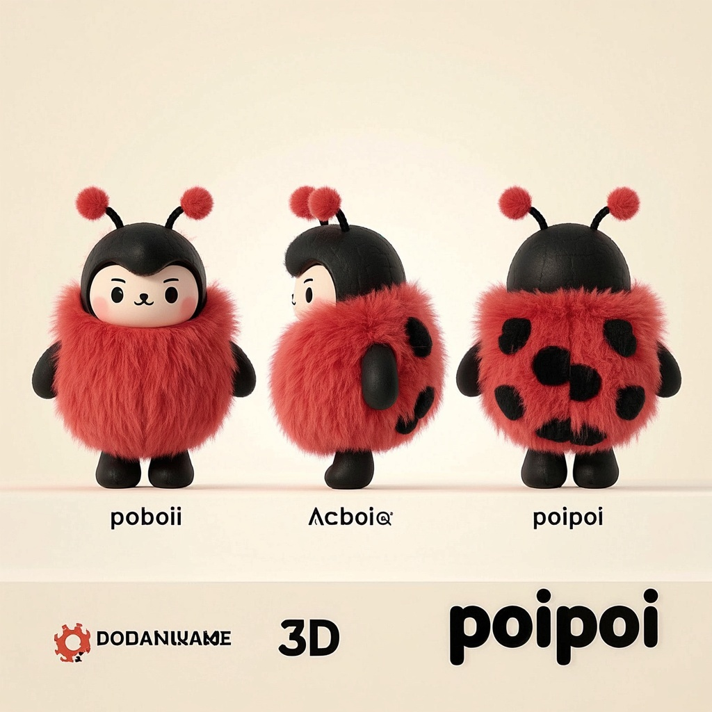 IP形象设计瓢虫,3D卡通角色设计,毛茸茸的瓢虫拟人,三视图,正视图,侧视图,后视图,毛绒材质,干净背景,多巴胺配色,高级,充满创意,极简,画面右下角艺术签“poipoi”