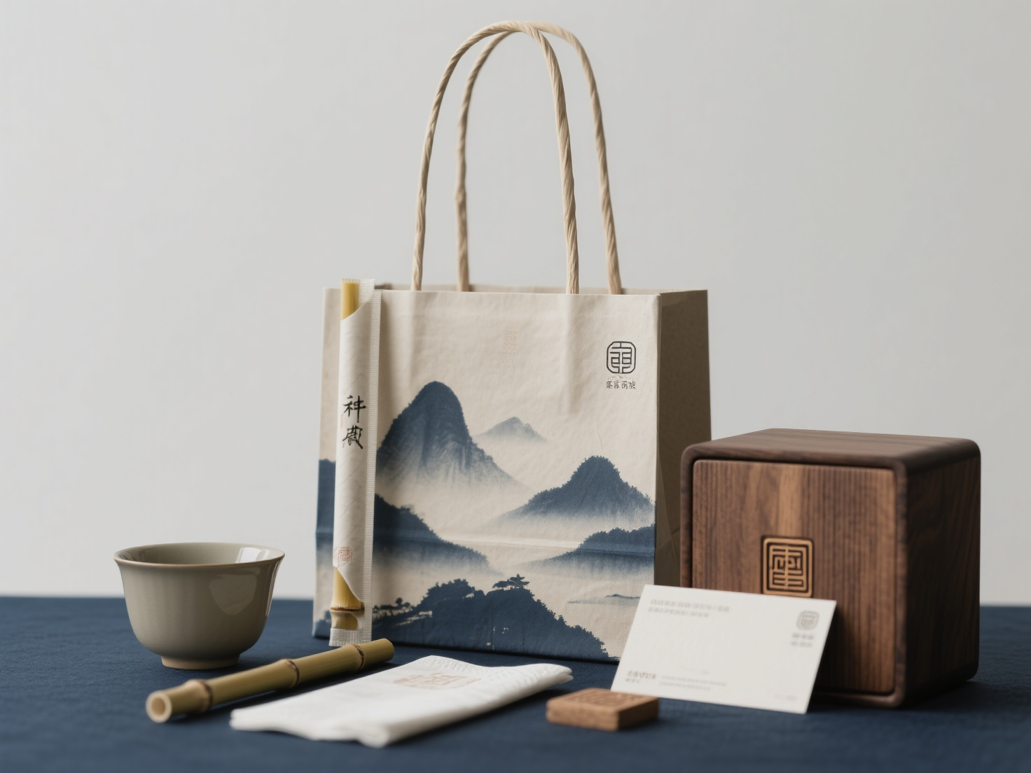 茶叶品牌CIVI包装,东方茶道包装系列:再生纸手提袋,可降解吸管,宣纸餐巾纸,竹纹环保茶盒,哑光茶杯,篆刻品牌卡片。黛青与檀木色系,留白山水意境,材质细节特写展示。
