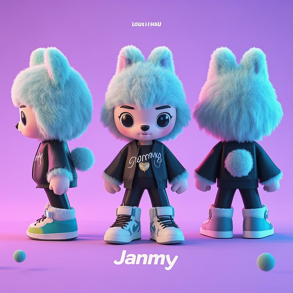 IP形象设计毛绒动物拟人,3D卡通角色设计,毛茸茸的可爱动物拟人角色,时尚服装,球鞋,酷,三视图,正视图,侧视图,后视图,毛绒材质,干净背景,配色高级,极致的光影,高级,充满创意,极简,右下角署名“Janmy ”