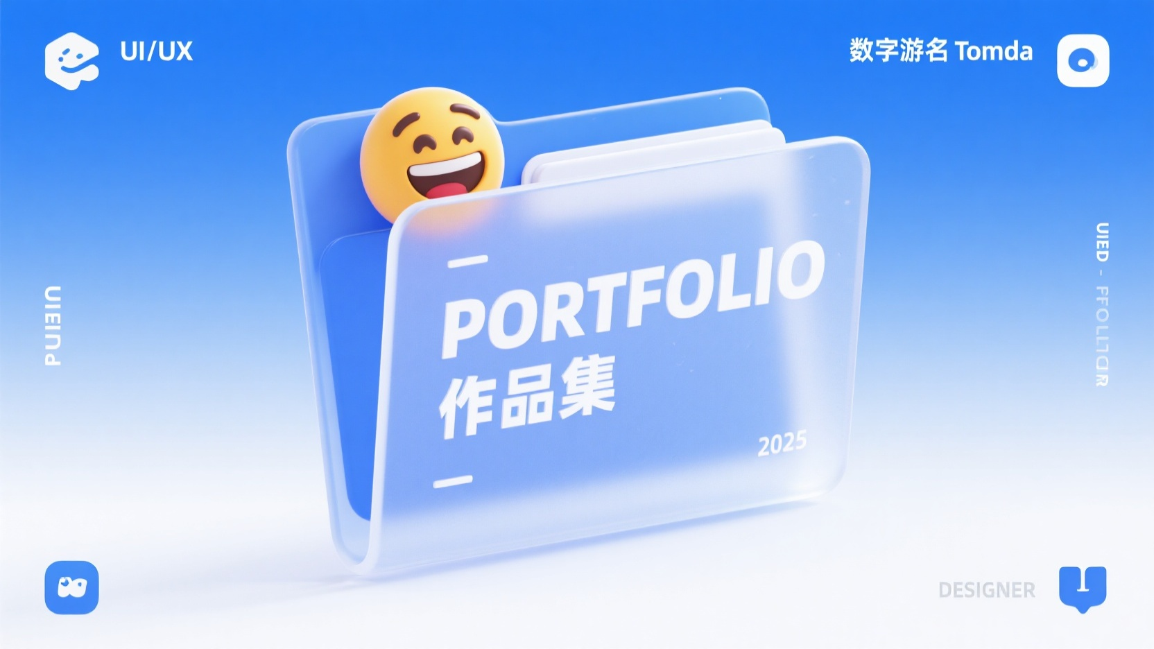 设计师作品集,中间偏左位置放置半透明EMOJI风格文件夹,3D立体效果明显,内页展示"PORTFOLIO"和"作品集"文字。背景采用蓝白渐变,四角分别标注"UI/UX"、"数字游名Tomda"、"PORTFOLIO"、"UIED","DESIGNER"和"2025"字样环绕文件夹。整体保持扁平化设计风格,添加微妙的阴影效果提升层次感,使用iOS系统图标元素进行细节装饰。