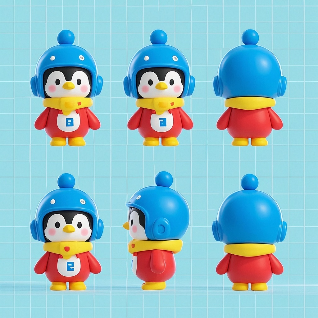 IP形象设计企鹅,三视图,盲盒,IP,3D,C4D,三视图,正视图,侧视图,后视图,盲框,超高清,小企鹅,戴蓝色头盔,穿红色外套,戴黄色围脖,可爱的表情,脸红,干净的背景,外套背后印着:LAOXIN