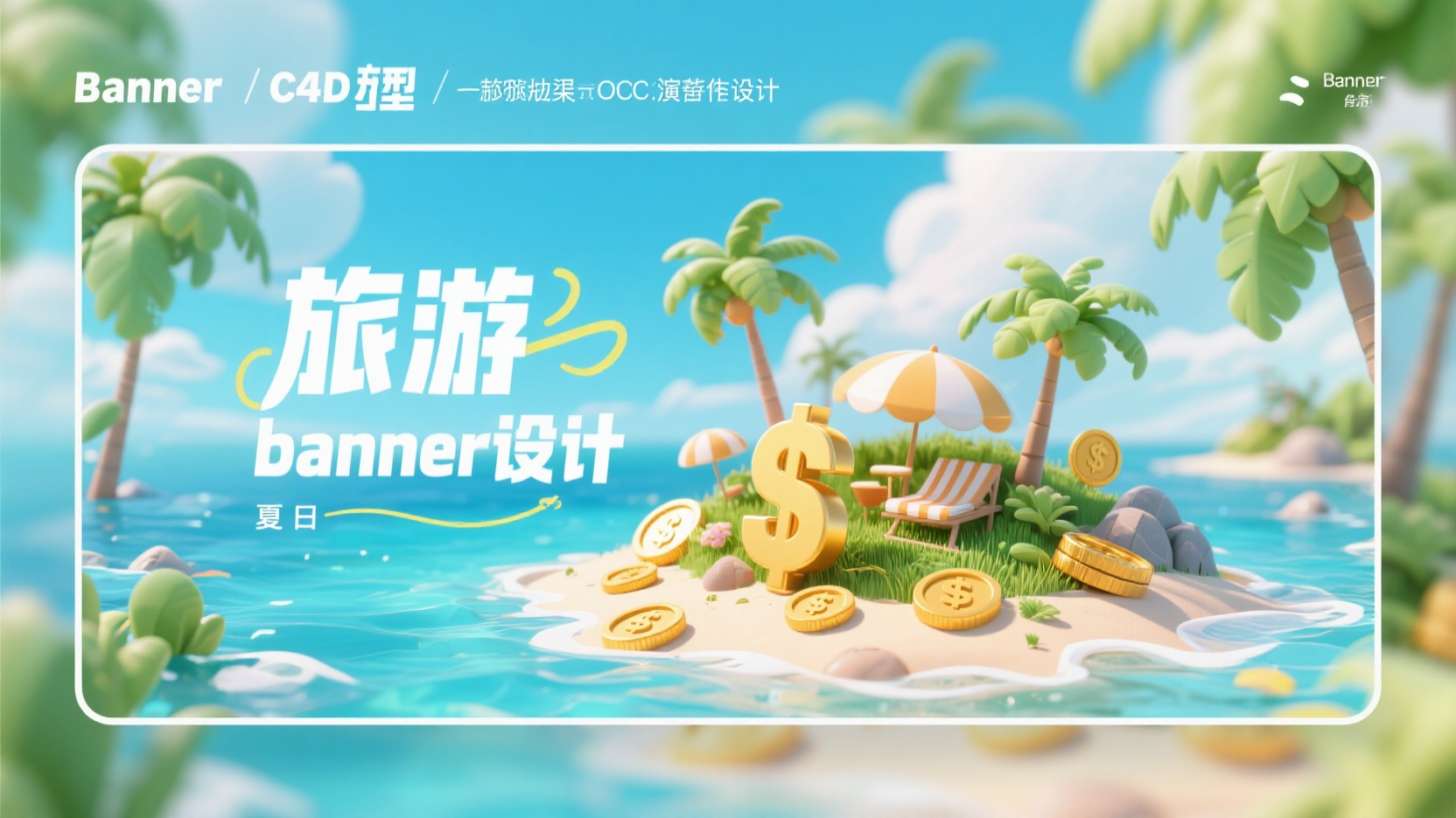 旅游banner,生成一张banner图,海岛旅游度假风格,C4D场景建模,OC渲染,杰作,标题:”旅游banner设计“,夏日,度假风,缩微3D景观,度假小岛,$金幣,高清