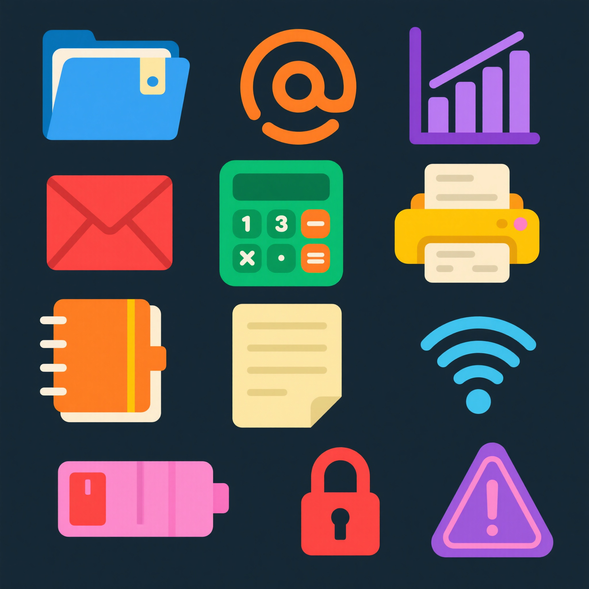 线面混合商务办公图标,线面混合图标集合,纯白净背景,商务办公类图标:蓝色线条文件夹+蓝色实心标签,橙色线条笔记本+橙色实心螺旋圈,绿色线条计算器+绿色实心按键,紫色线条图表+紫色实心数据柱,红色线条邮箱+红色实心邮件标识,黄色线条打印机+黄色实心纸张,青色线条wifi+青色实心信号点,粉色线条电池+粉色实心电量条,橙红色线条锁+橙红色实心锁芯,紫粉色线条警告+紫粉色实心感叹号,十二宫格排列,线条与面性元素完美融合,色彩饱满鲜艳