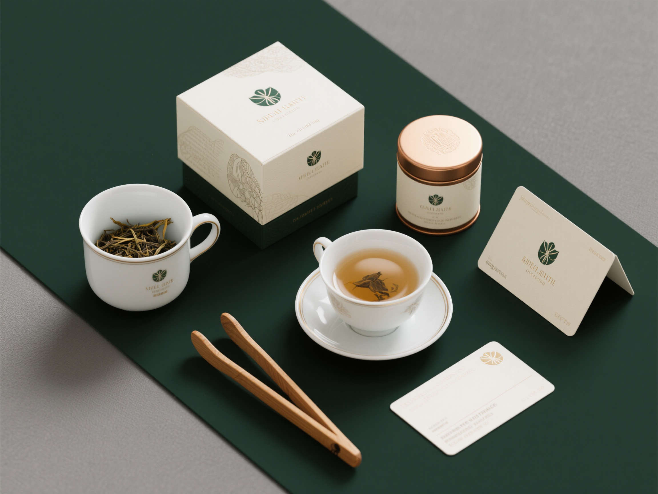茶叶样机包装,帮我生成几张高端茶叶的品牌样机包装,有一次杯子,盒子,木头镊子,瓷器茶杯,卡片,茶叶罐,比例为4:3