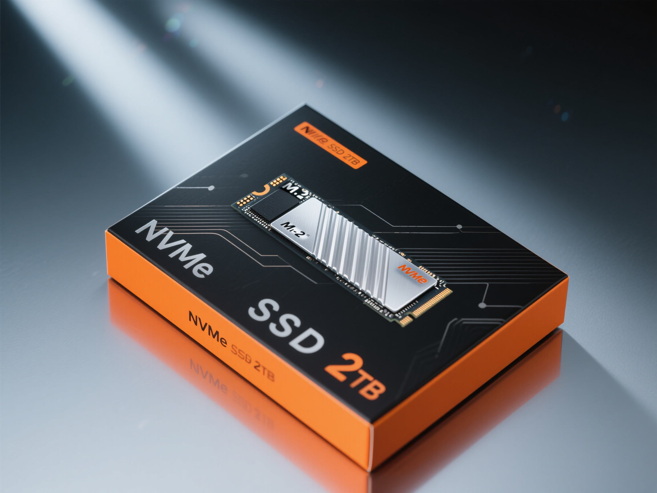 样机包装固态硬盘,高端固态硬盘包装盒,黑色与橙色撞色设计,包装正面显示"NVMe SSD 2TB"标识,M.2固态硬盘实物展示,散热片设计元素,现代科技线条装饰,包装盒采用环保材质,表面UV工艺处理,专业产品摄影,对角光照,渐变背景,现代工业设计风格