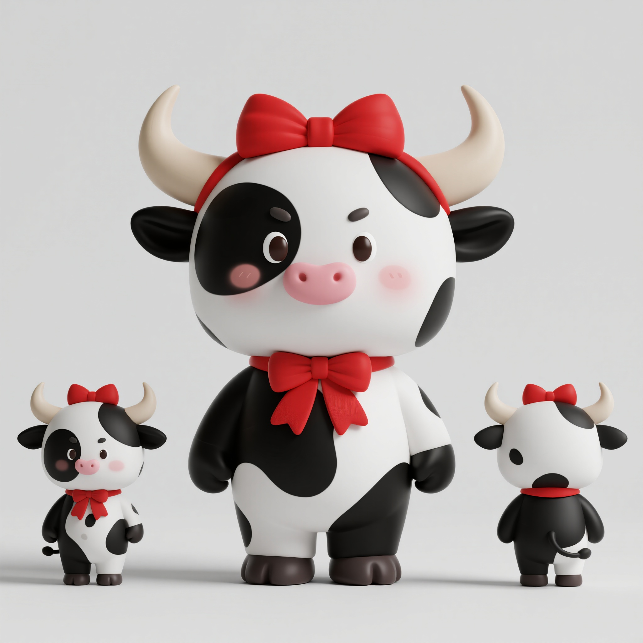 动物ip牛,可爱生肖牛IP形象设计三视图,黑白花纹奶牛配色,圆润憨厚身材,大眼睛小牛角,粉色鼻子,佩戴红色丝带蝴蝶结,四足稳重站立,身体比例1:1.2头身比,C4D建模技术,Octane渲染引擎,三视图标准展示:正面视角,背面视角,左侧视角,每个视图尺寸完全相同,纯白背景,高品质3D渲染,艺术杰作级别