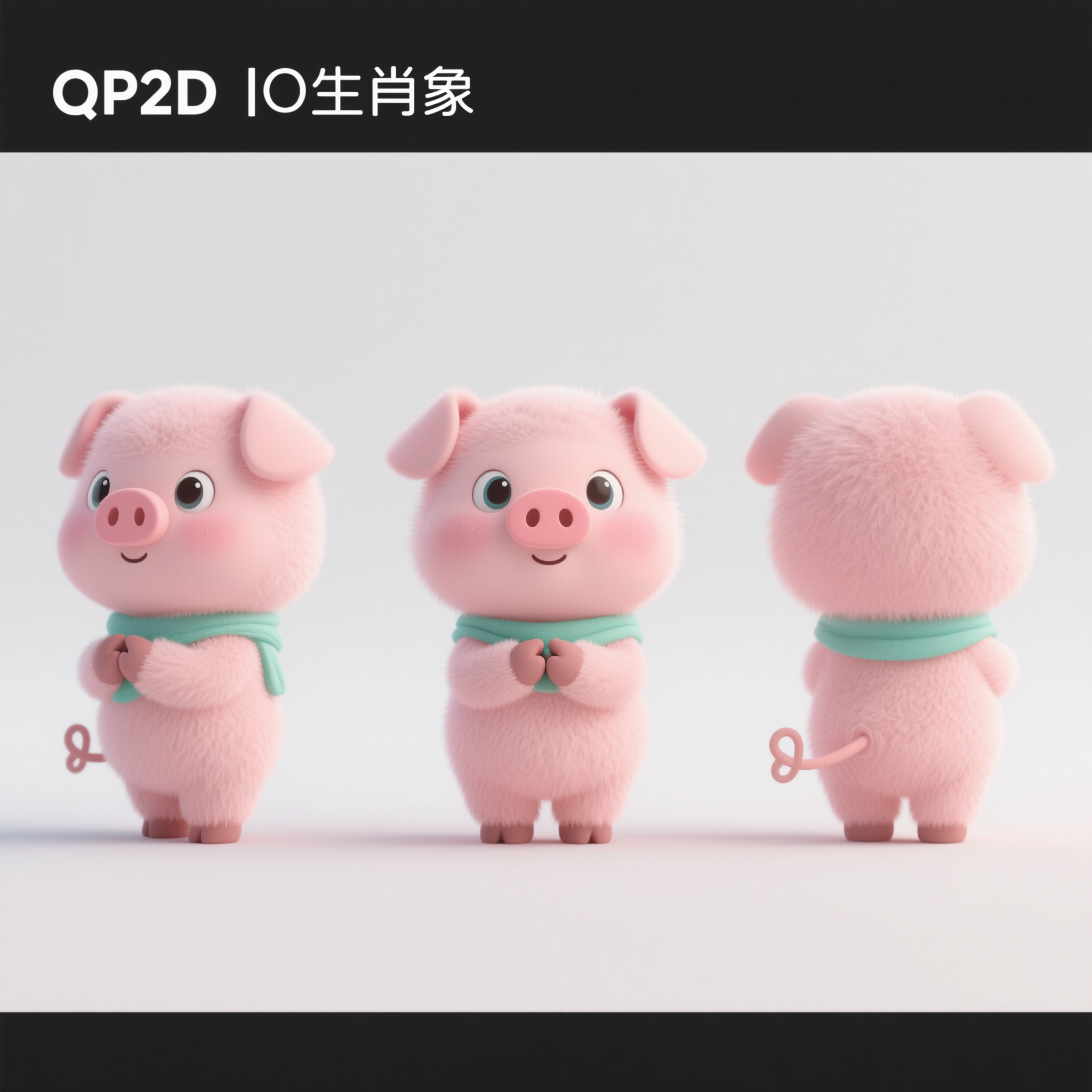 动物IP猪,Q版可爱生肖猪IP形象三视图,粉嫩色蓬松毛发圆润小鼻子,圆润拟人身材,超级可爱亲和力,水汪汪大眼睛卷曲小尾巴,佩戴薄荷绿小围巾,温馨站立姿态双手合十,身高比例1:1头身比,C4D三维建模风格,OC渲染技术,杰作品质,角色三视图布局:正面视图背面视图左侧视图,三个视图大小完全一致,纯白色背景,专业电影级3D渲染效果,统一可爱风格