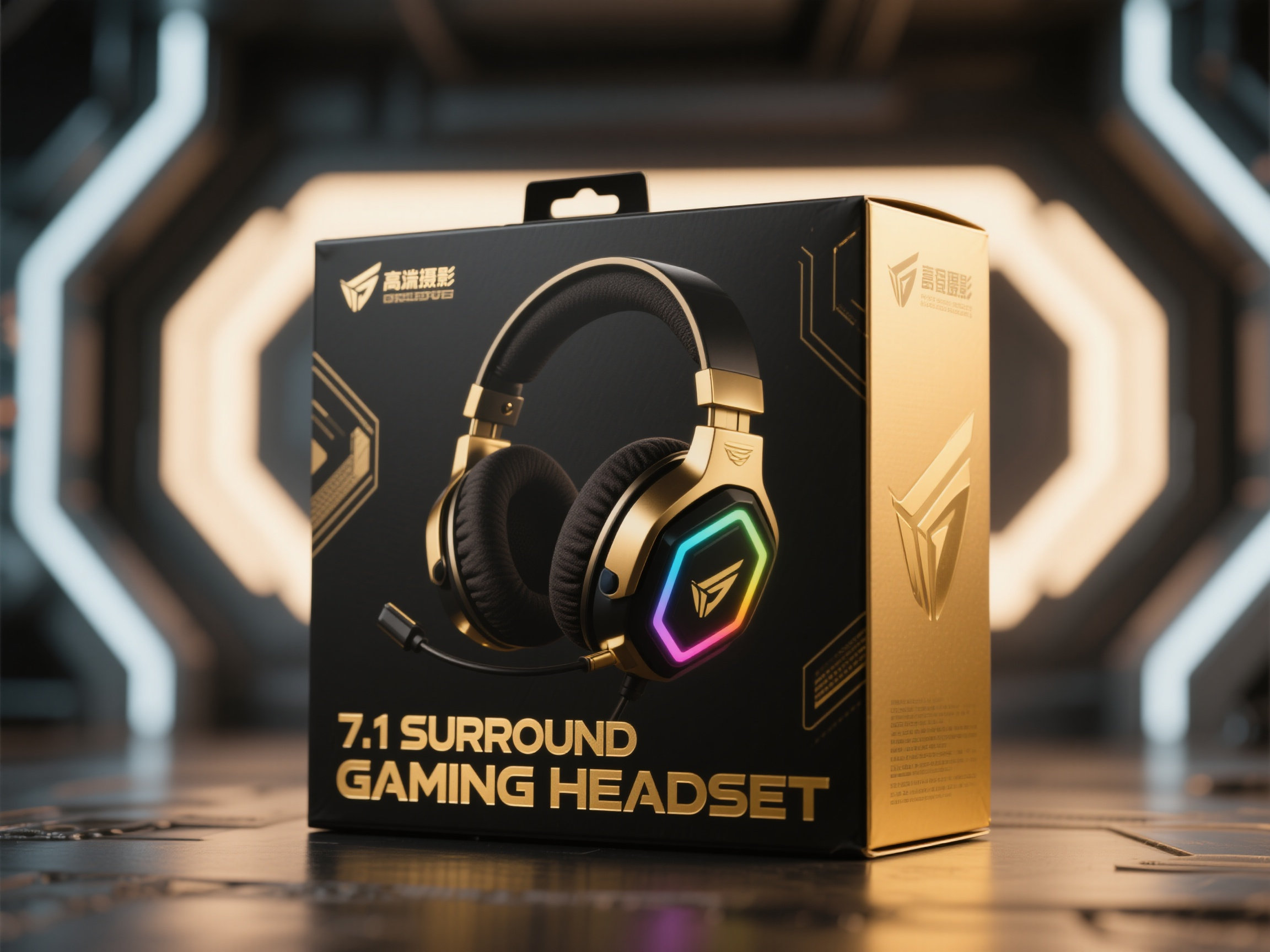 样机包装游戏耳机,高端游戏耳机包装盒,黑金配色豪华包装,正面突出"7.1 SURROUND GAMING HEADSET"标识,头戴式游戏耳机产品展示,RGB灯效设计,记忆海绵耳罩,可调节头梁,电竞风格装饰元素,包装盒高档纸盒材质,烫金工艺,专业产品摄影,暖色调光照,科技感背景