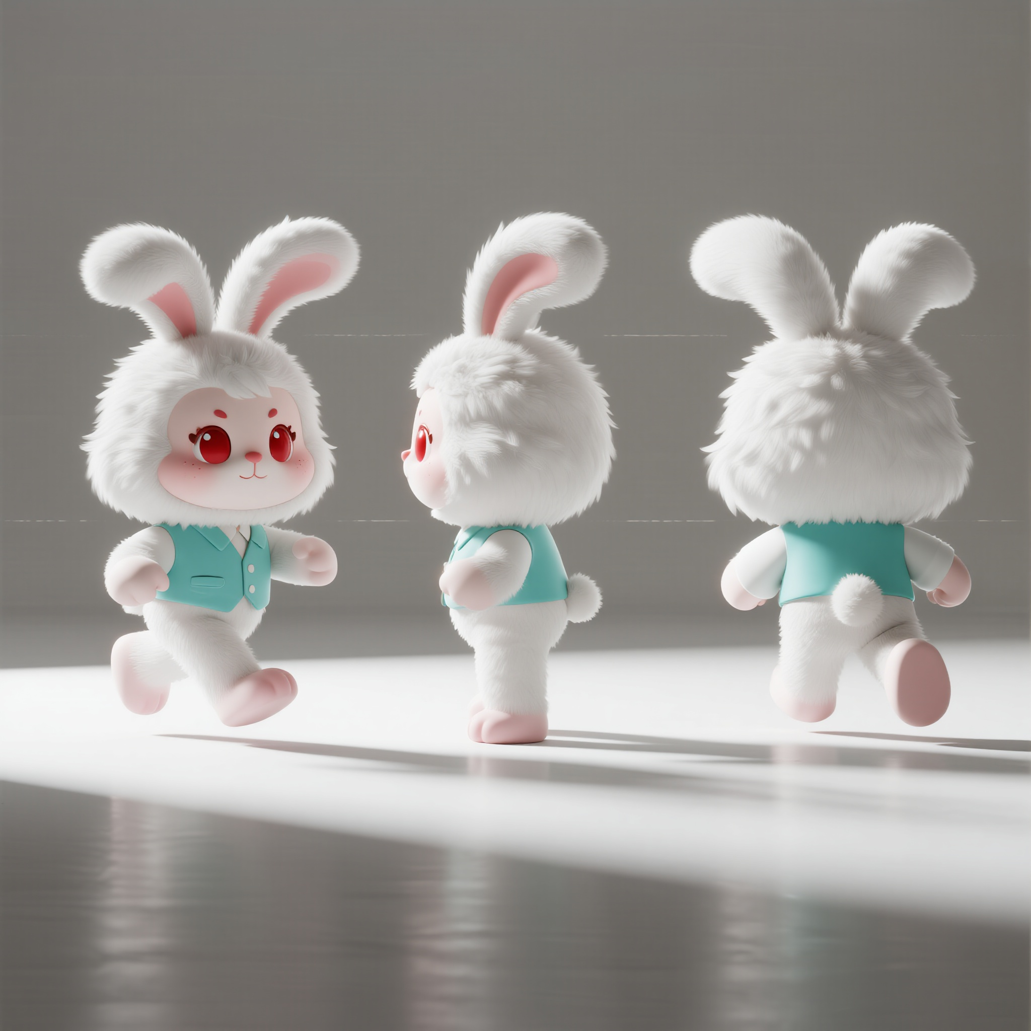 动物ip兔子,Q版小兔子IP设计三视图,白色长毛,粉色内耳,长耳朵,红色眼睛,小三瓣嘴,穿着薄荷绿小马甲,直立蹦跳姿势,身体比例1:1.5头身比,C4D建模工艺,Octane高质量渲染,三视图专业排列:正视角度,背视角度,左侧角度,每个角度尺寸一致,简洁白背景,顶级3D渲染水准,杰作品质