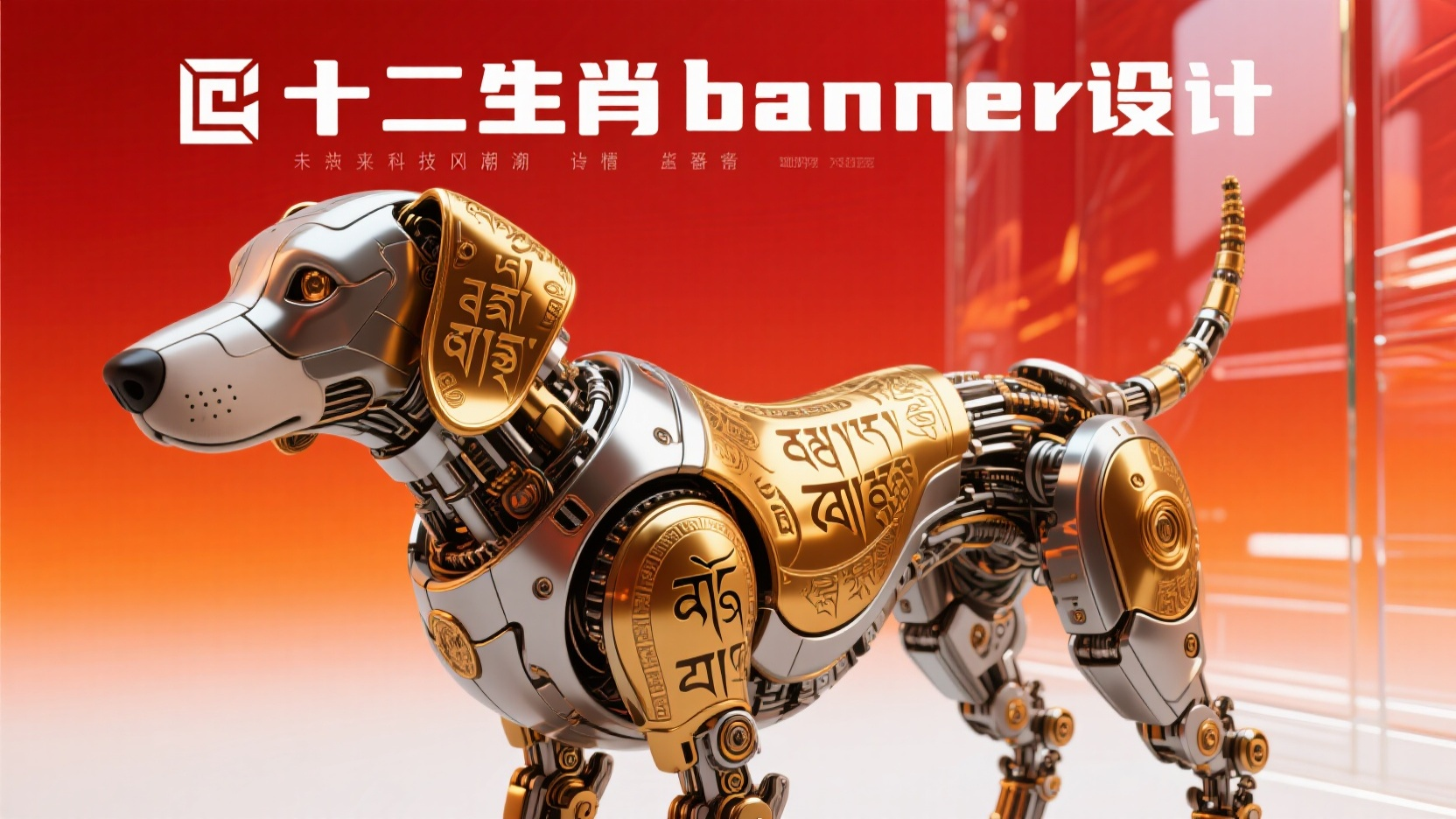 十二生肖banner,生成一张banner图,未来科技风,C4D建模,OC渲染,景深,杰作,十二生肖系列:狗,标题:“十二生肖banner设计”,机械纪元,一个巨型机械宠物,造型独特。金身复盖藏文符纹,机甲狂潮,绫角尖锐突出,玻璃质感,金属质感,精密零件清晰可见,整体由红橙白色点缀。