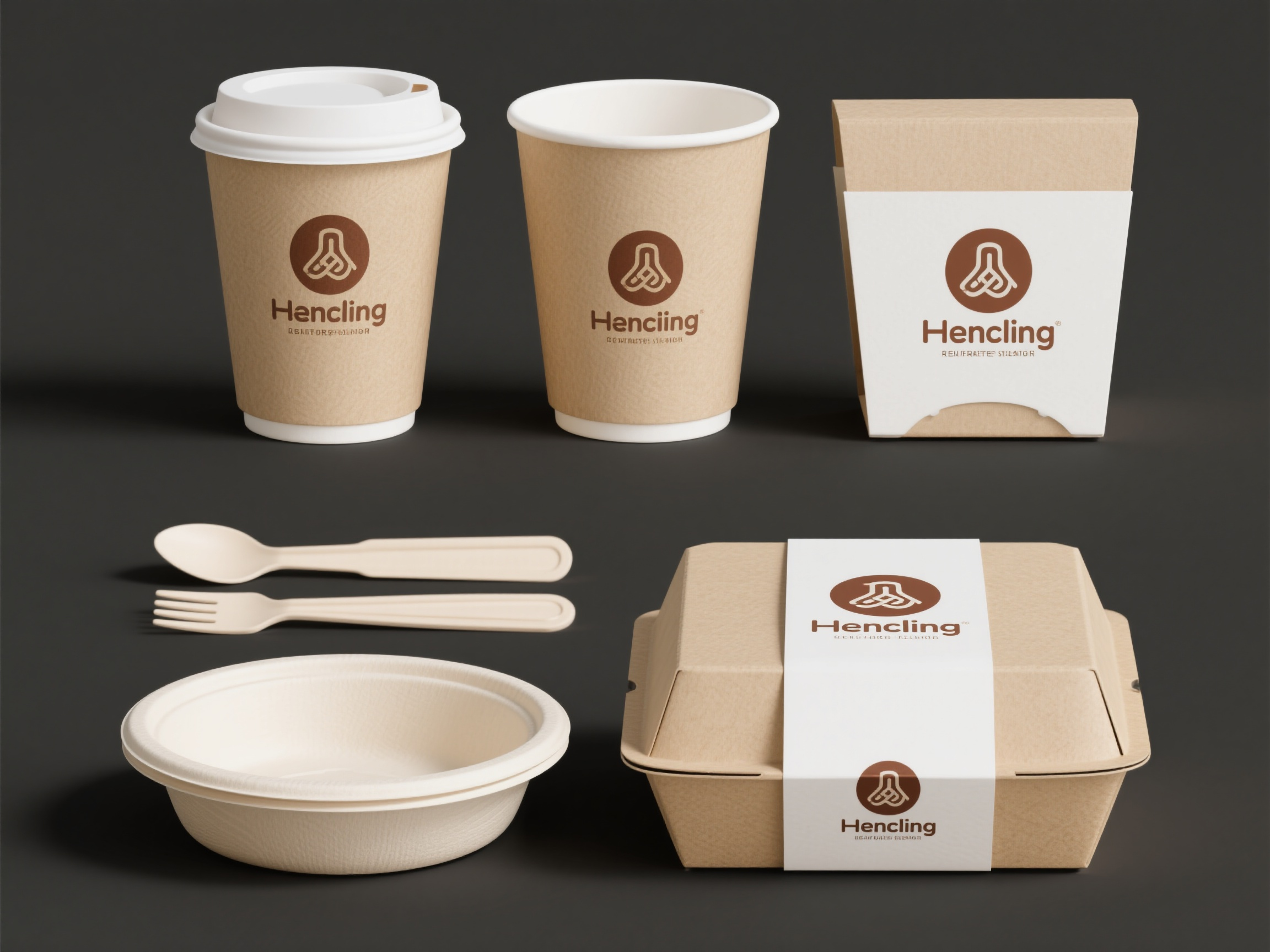 食品样机包装,帮我生成几张饭店的品牌样机包装,有纸杯,一次性餐具,碟子,碗,盒子,比例为4:3