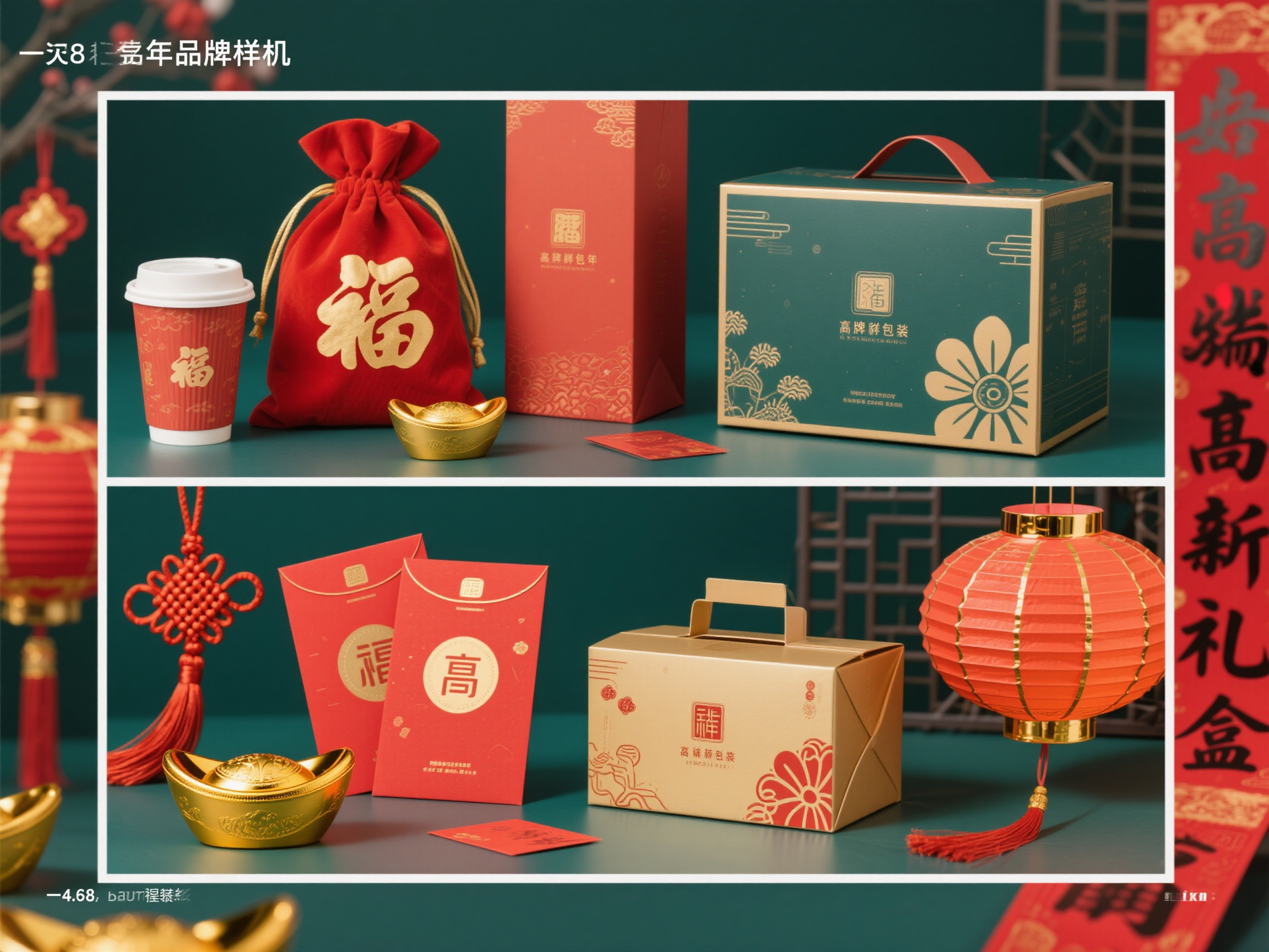新年礼盒样机包装,帮我生成几张高端新年礼盒的品牌样机包装,有一次性杯子,福袋,红包,金元宝,卡片,中国结,对联,折叠纸灯笼,比例为4:3