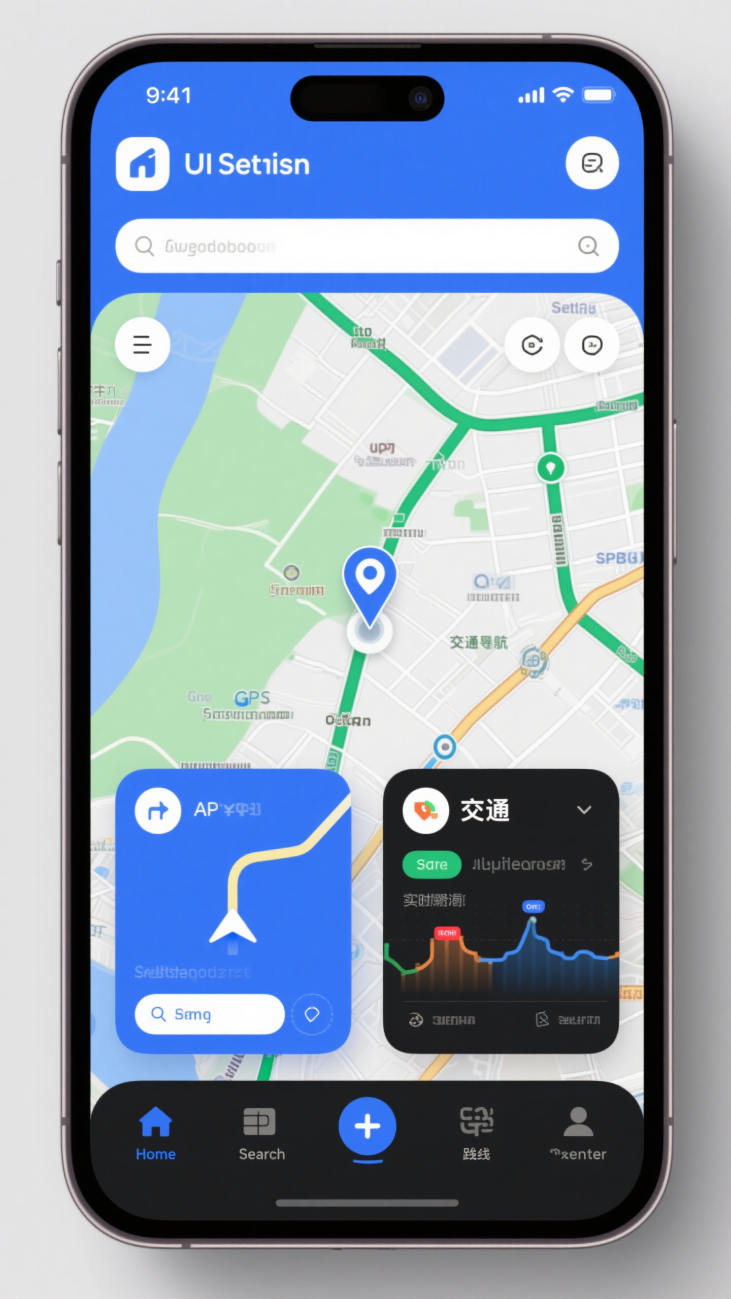 导航APPUI样机,导航APP界面样机,手机屏幕显示,地图导航界面,蓝色绿色配色,路线规划,GPS定位,交通状况,导航指示,地图视图,现代导航应用设计,清晰地理信息界面