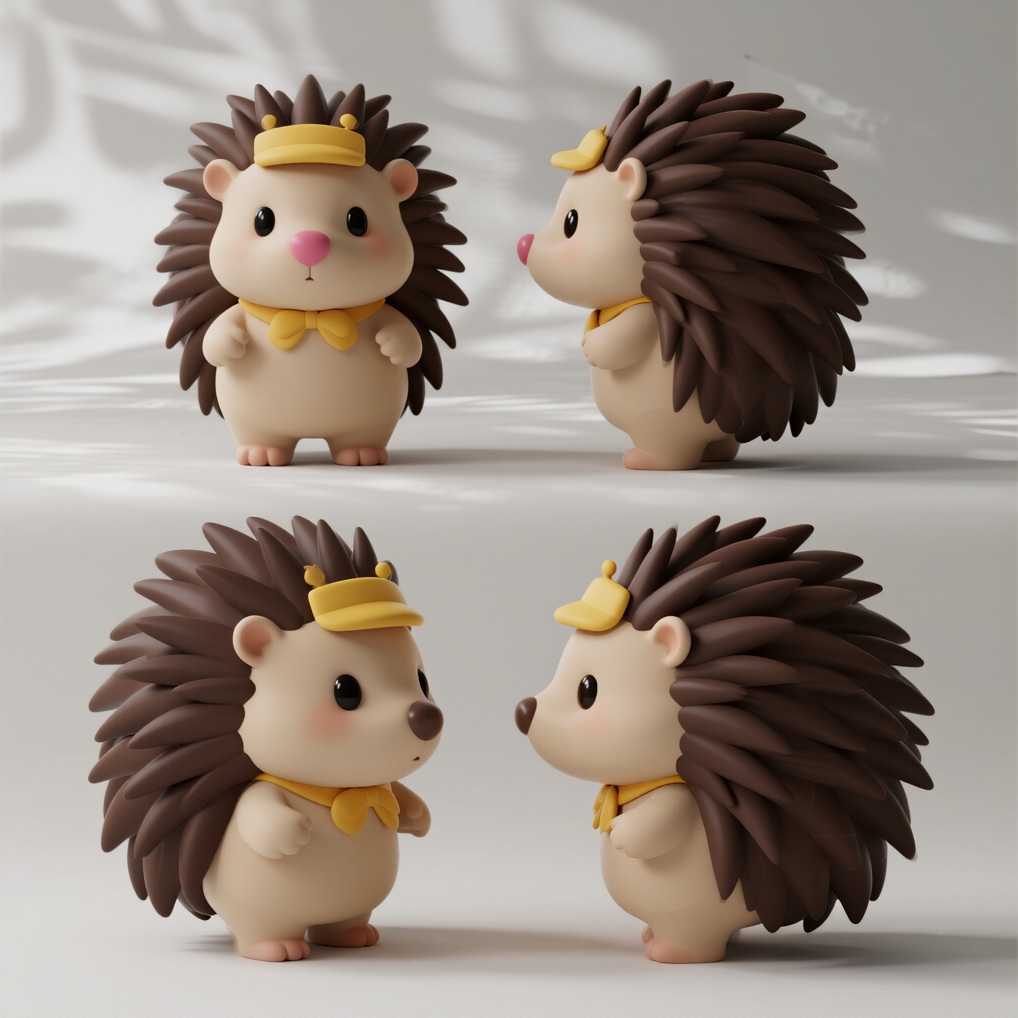 动物ip刺猬,卡通小刺猬IP形象三视图,米色身体深棕色刺毛,圆润可爱体型,黑色小眼睛,粉色尖鼻子,戴着黄色小帽子,蜷缩站立姿态,身高比例1:1头身比,C4D三维建模风格,Octane高质量渲染,三视图标准排列:正视角,后视角,侧视角,视图比例完全相同,白色背景,顶级3D渲染水准