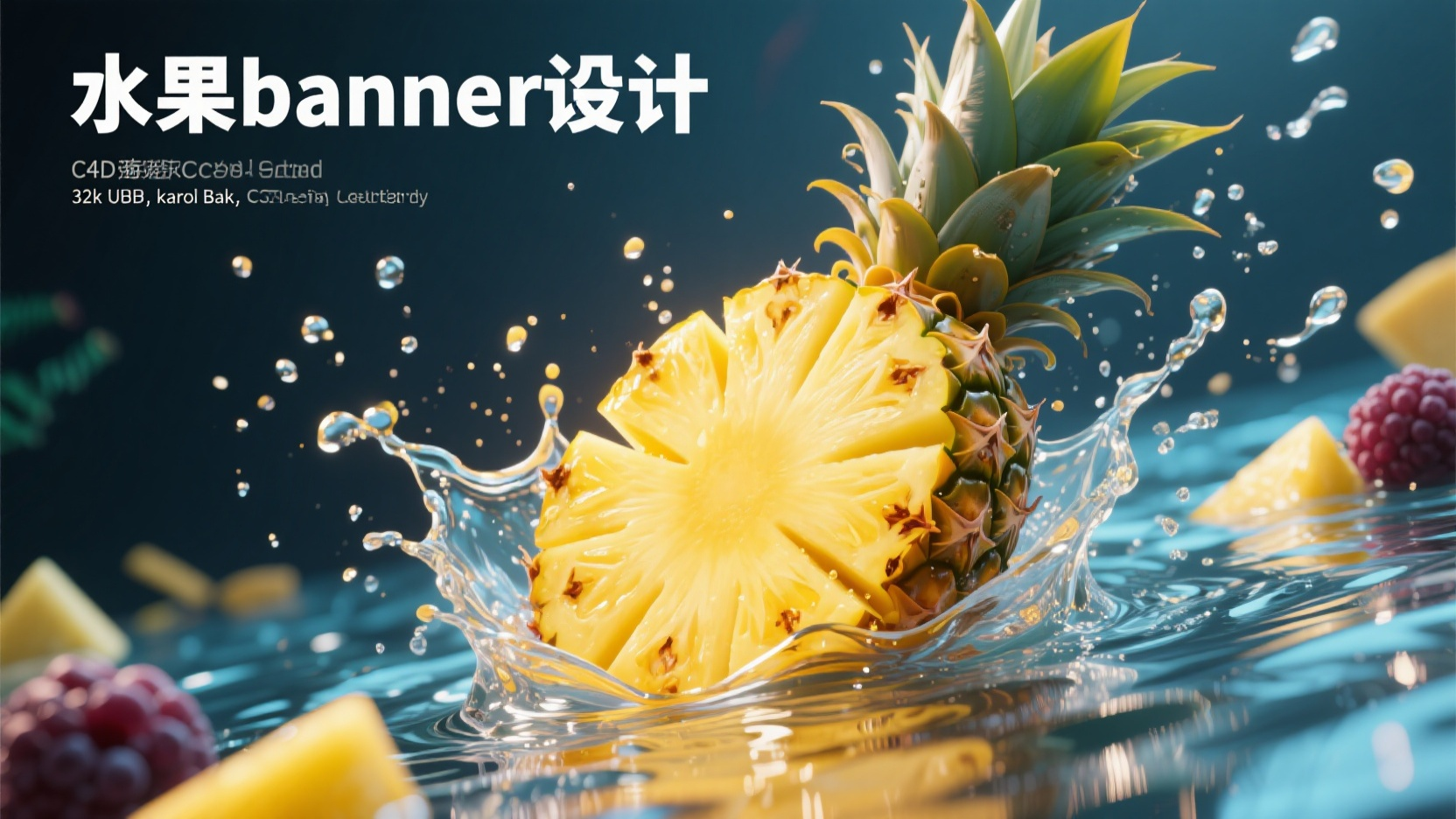 水果菠萝banner,生成一张banner图,水果,菠萝,标题:“水果banner设计”,菠萝切块落水后在水中的照片,黄色的透明的纹理风格,真实摄影,有趣的复杂性,浆果朋克,明亮透明的华丽色彩,32k uhd,karol bak