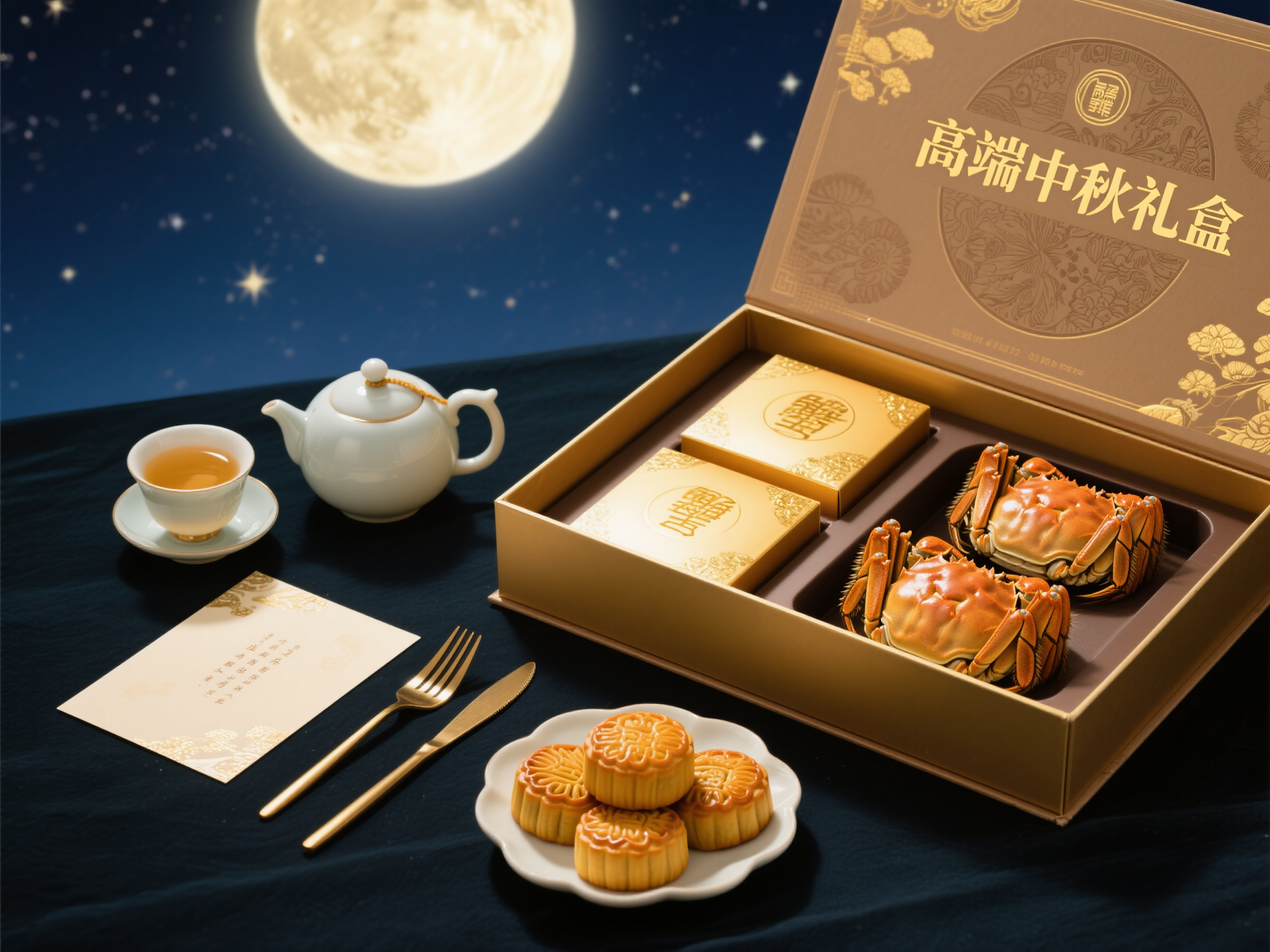 中秋样机包装,帮我生成几张高端中秋礼盒的品牌样机包装,有盒子,月饼,瓷器茶杯,大闸蟹,卡片,刀叉,碟子,比例为4:3