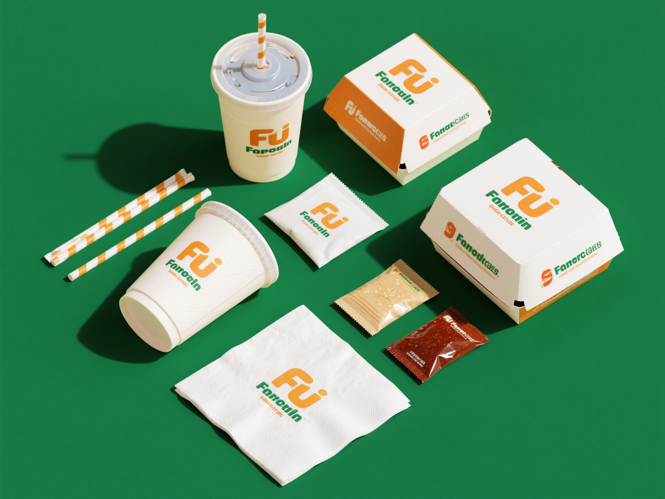 快餐店样机包装,帮我生成几张快餐店的品牌样机包装,有一次性餐具,一次性饮料杯,吸管,餐巾纸,盒子,调味包,比例为4:3