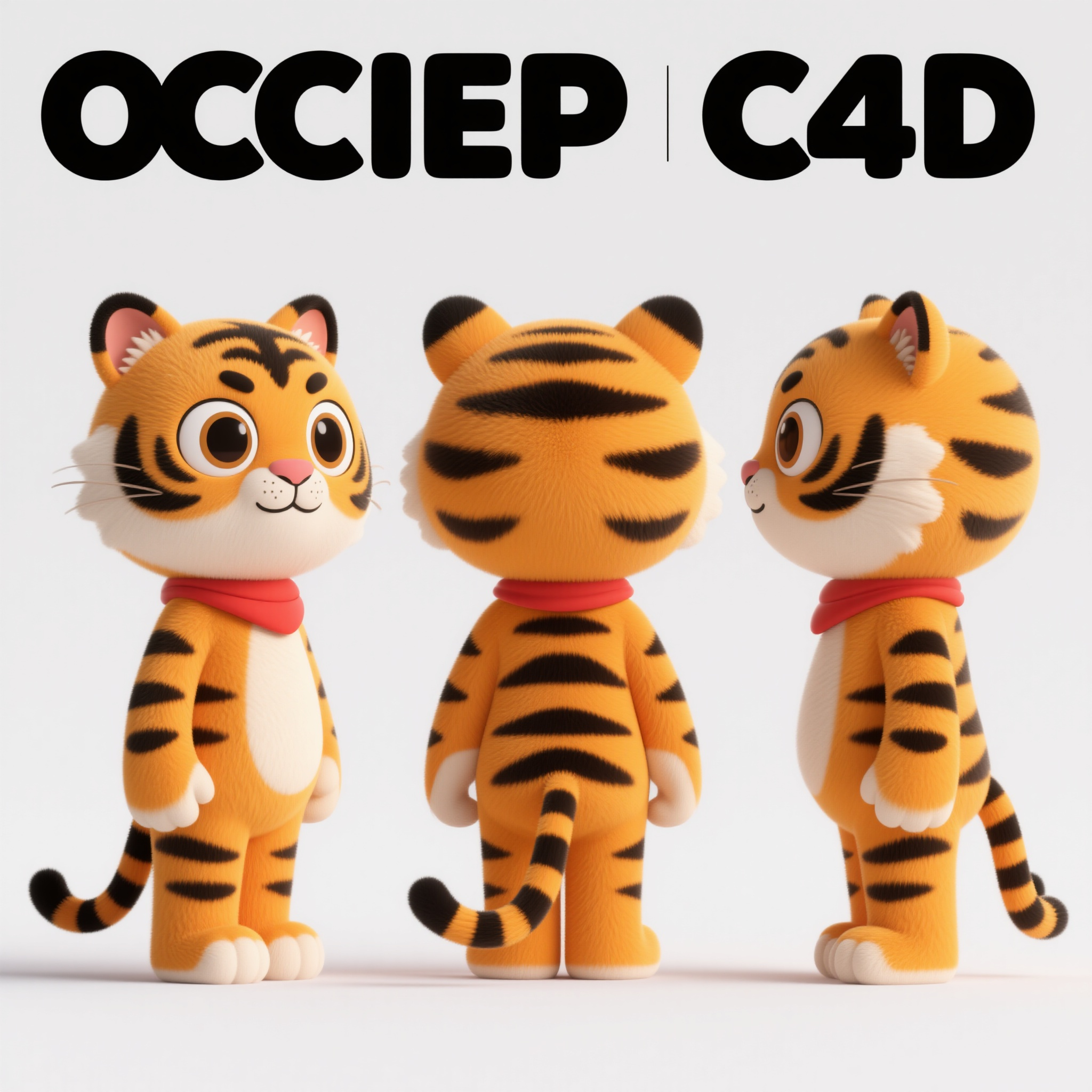 动物ip老虎,卡通生肖虎IP形象三视图,橙黄色毛发黑色条纹,威武拟人身材,圆润大眼睛竖立尖耳朵,佩戴红色小围巾,昂首挺胸站立姿态,身高比例1:1头身比,C4D三维建模风格,OC渲染技术,杰作品质,角色三视图布局:正面视图,背面视图,左侧视图,三个视图大小完全一致,纯白色背景,专业电影级3D渲染效果,风格统一