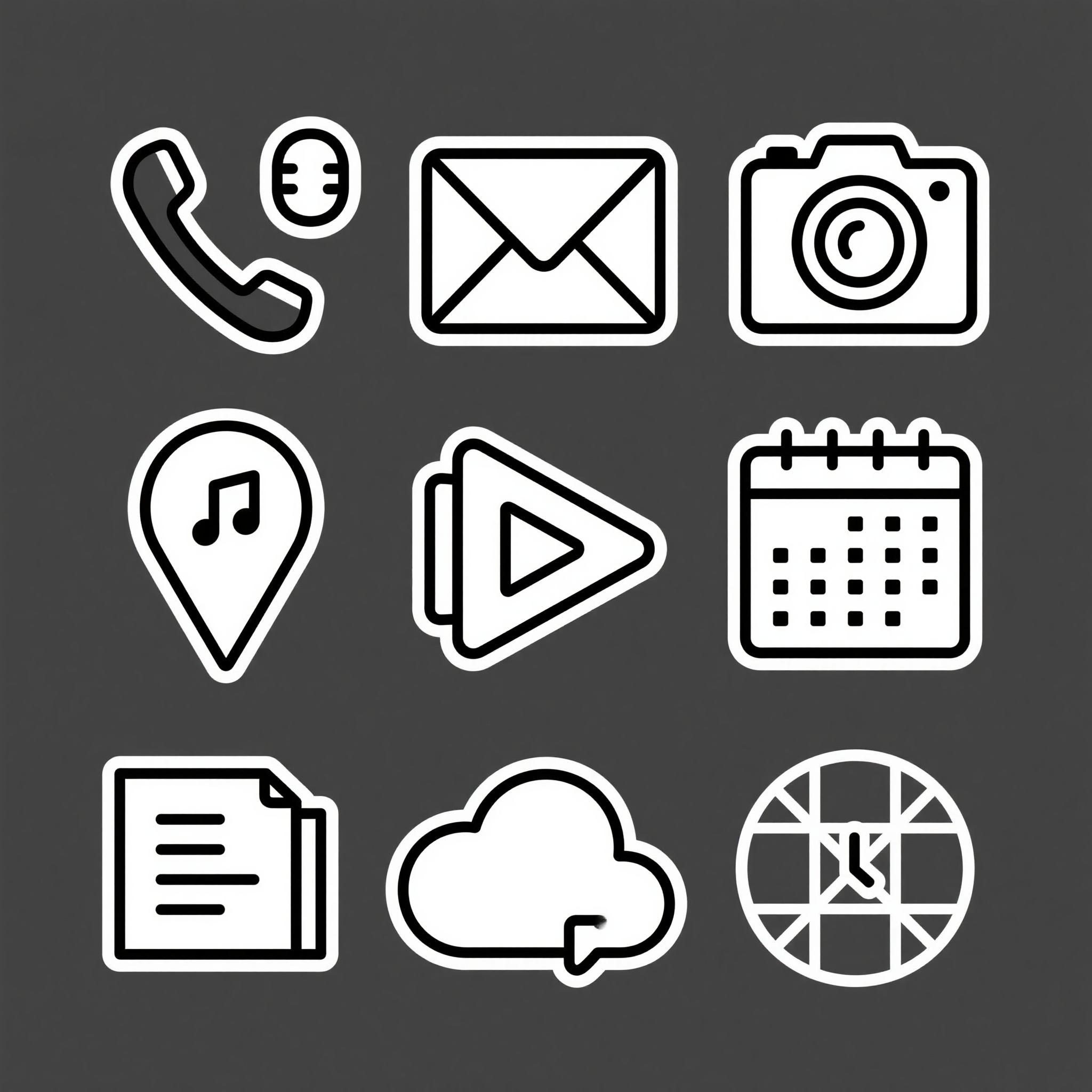 社交媒体图标,极简线性图标组合,纯白底色,黑色描边线条,包含社交媒体图标:电话图标(话筒轮廓),邮件图标(信封造型),相机图标(拍照设备),视频图标(播放三角),音乐图标(音符符号),地图图标(定位针),日历图标(日期方格),时钟图标(圆形表盘),文件图标(文档页面),云存储图标(云朵形状),网格式布局,线条简洁统一,扁平化设计,现代简约美学