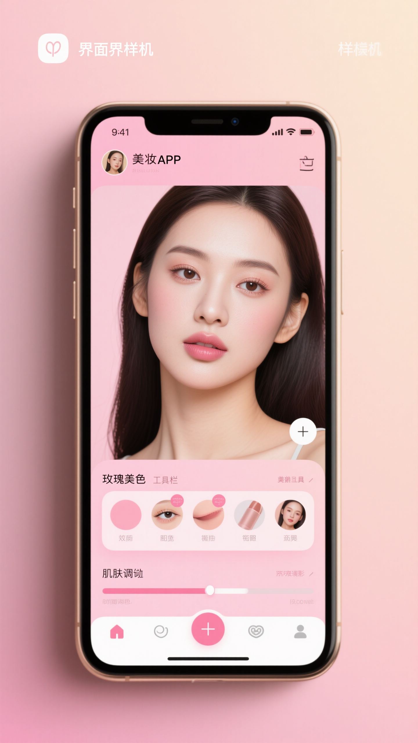 美颜APPUI样机,美颜APP界面样机,手机屏幕展示,美容滤镜界面,粉色玫瑰金配色,美颜工具栏,滤镜选择,美妆特效,自拍界面,肌肤调节滑块,时尚美妆应用设计,柔和渐变背景