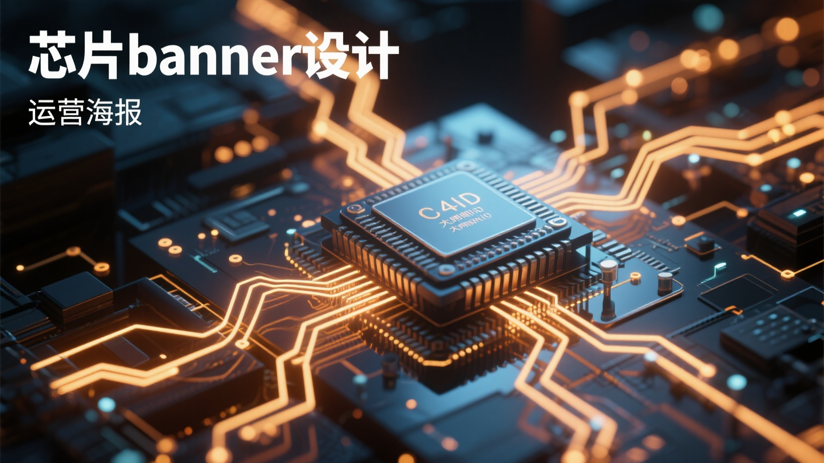C4Dbanner,生成一张banner图,科技,C4D场景建模,OC渲染,景深,杰作,标题:"芯片banner设计",由发光粒子流动形成的线形成电路板,全景图,悬浮在全息界面上,微观世界,镜头模糊,光线追踪,高清图片,大师作品,
