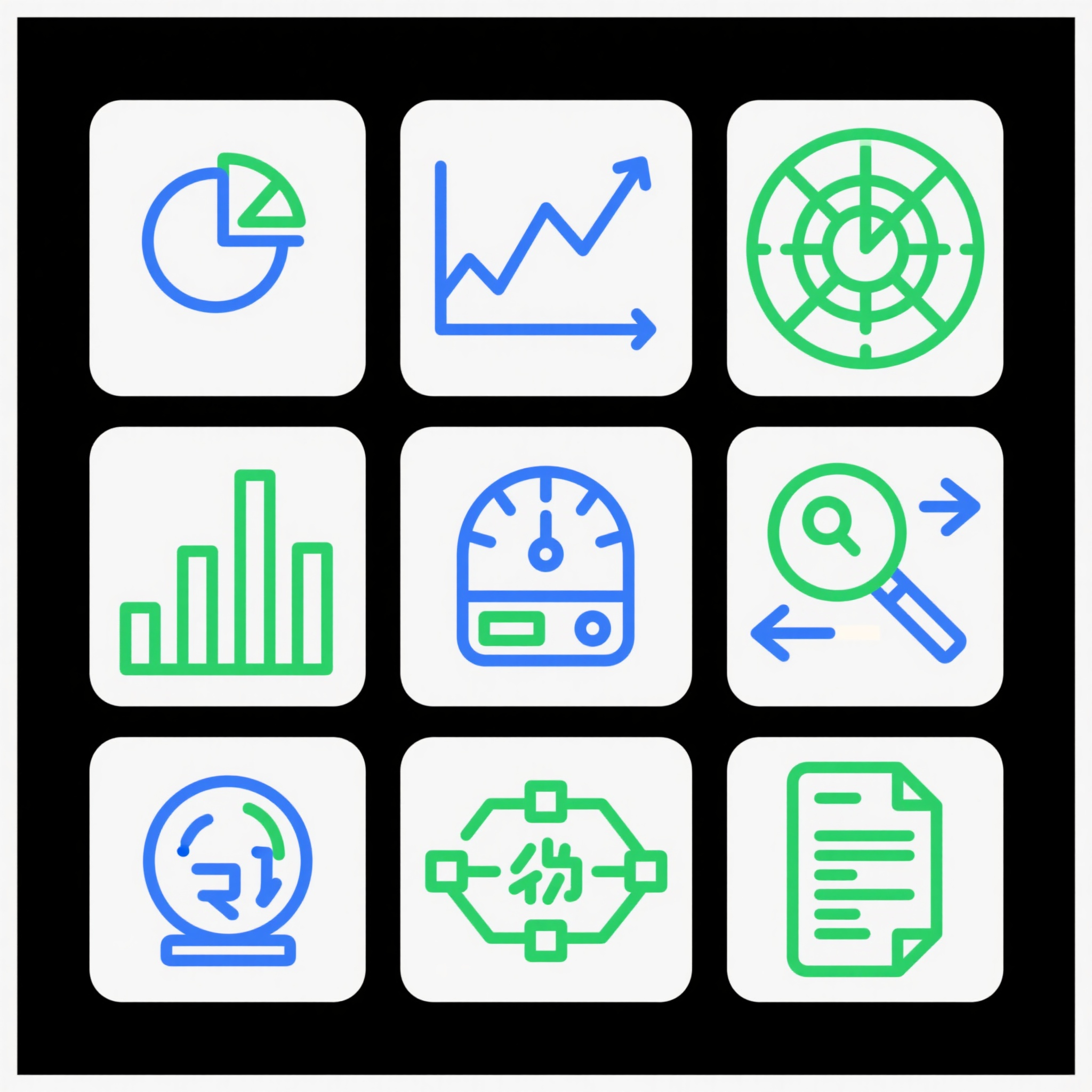 数据分析图标,科技线性图标组合,干净白色底色,蓝绿双色系,数据分析类图标:蓝色纤细线条柱状图表(数据统计),绿色细线饼图图标(圆形分析图),蓝色细线折线图图标(趋势曲线),绿色细线雷达图图标(多维数据),蓝色细线仪表盘图标(监控面板),绿色细线搜索分析图标(放大镜+图表),蓝色细线数据流图标(箭头数据传输),绿色细线算法图标(流程图符号),蓝色细线预测图标(水晶球轮廓),绿色细线报告图标(文档图表),网格布局,线条宽度统一,科技感强烈