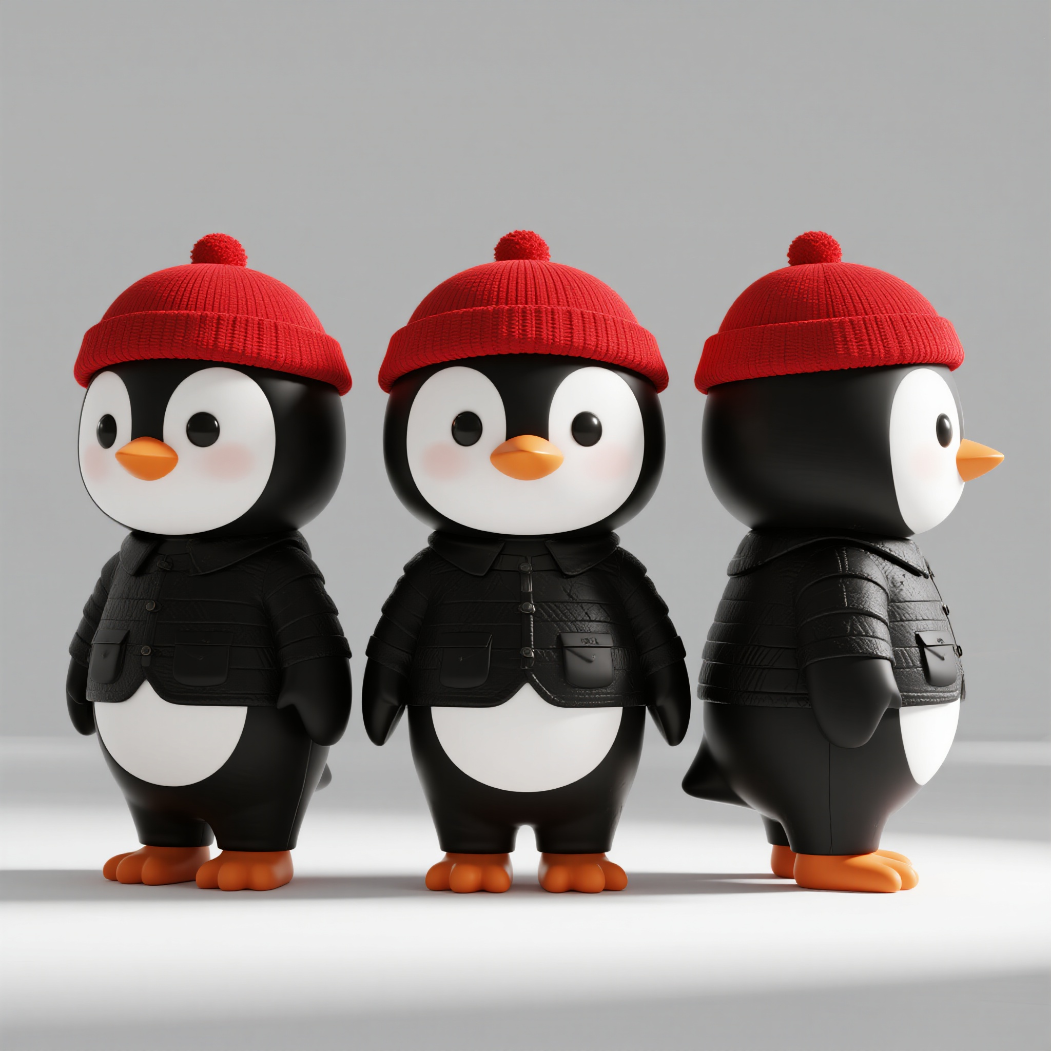 动物ip企鹅,可爱小企鹅IP形象设计三视图,黑白配色企鹅,圆润身体,橙色扁平嘴巴,小黑豆眼睛,戴着红色针织帽,直立站姿,身高比例1:1.5头身比,C4D建模风格,OC渲染,三个视图等大排列:正面视图,背面视图,左侧面视图,每个视图尺寸完全一致,白色背景,专业3D渲染,杰作品质