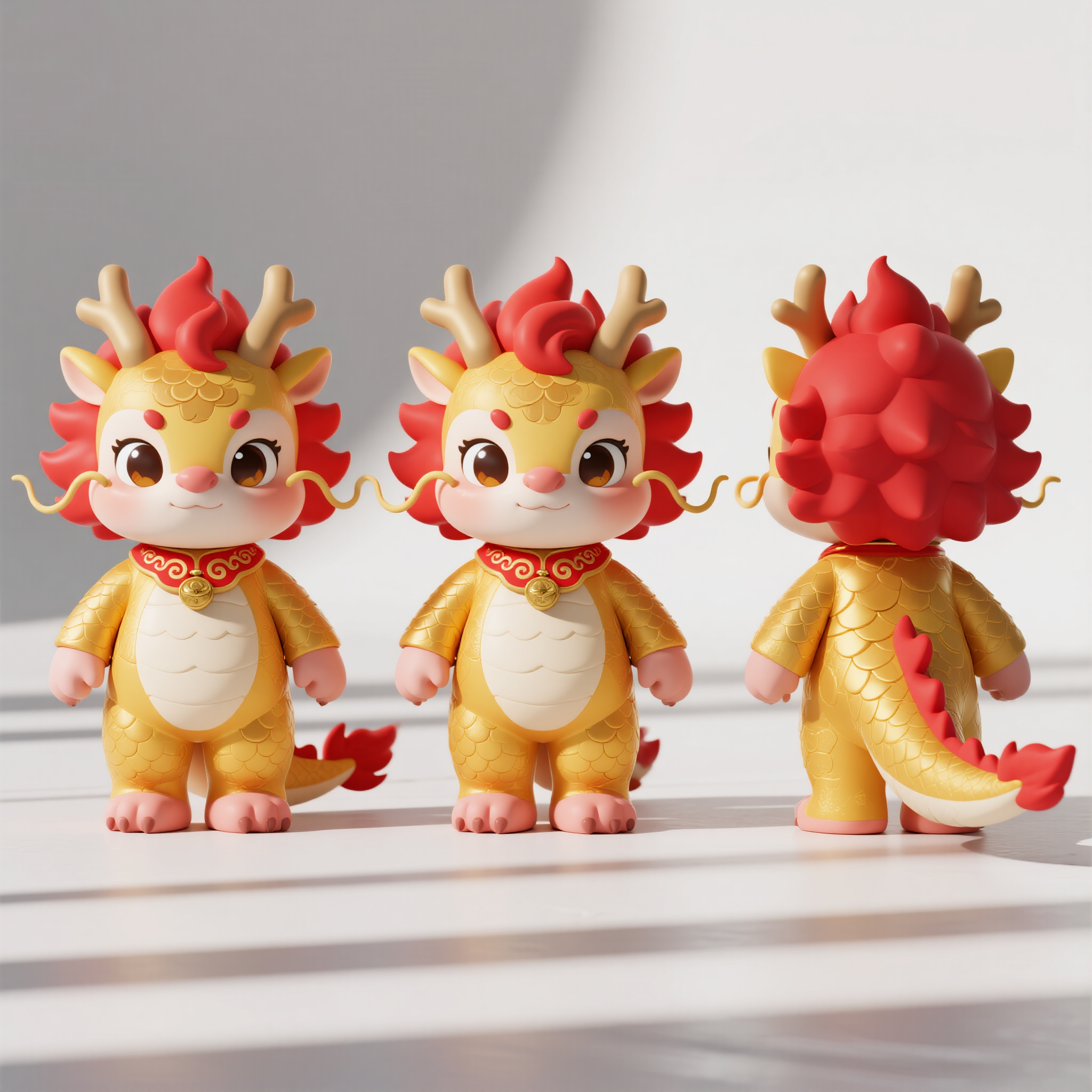 动物IP龙,可爱小龙IP形象设计三视图,中国传统龙造型,金黄色鳞片,红色鬃毛,圆润Q版身材,大眼睛小角,四足站立姿态,身体比例1:1.3头身比,佩戴红色如意云纹装饰,C4D建模技术,Octane渲染引擎,三视图标准展示:正面视角,背面视角,左侧视角,每个视图尺寸完全相同,纯白背景,高品质3D渲染,艺术杰作级别