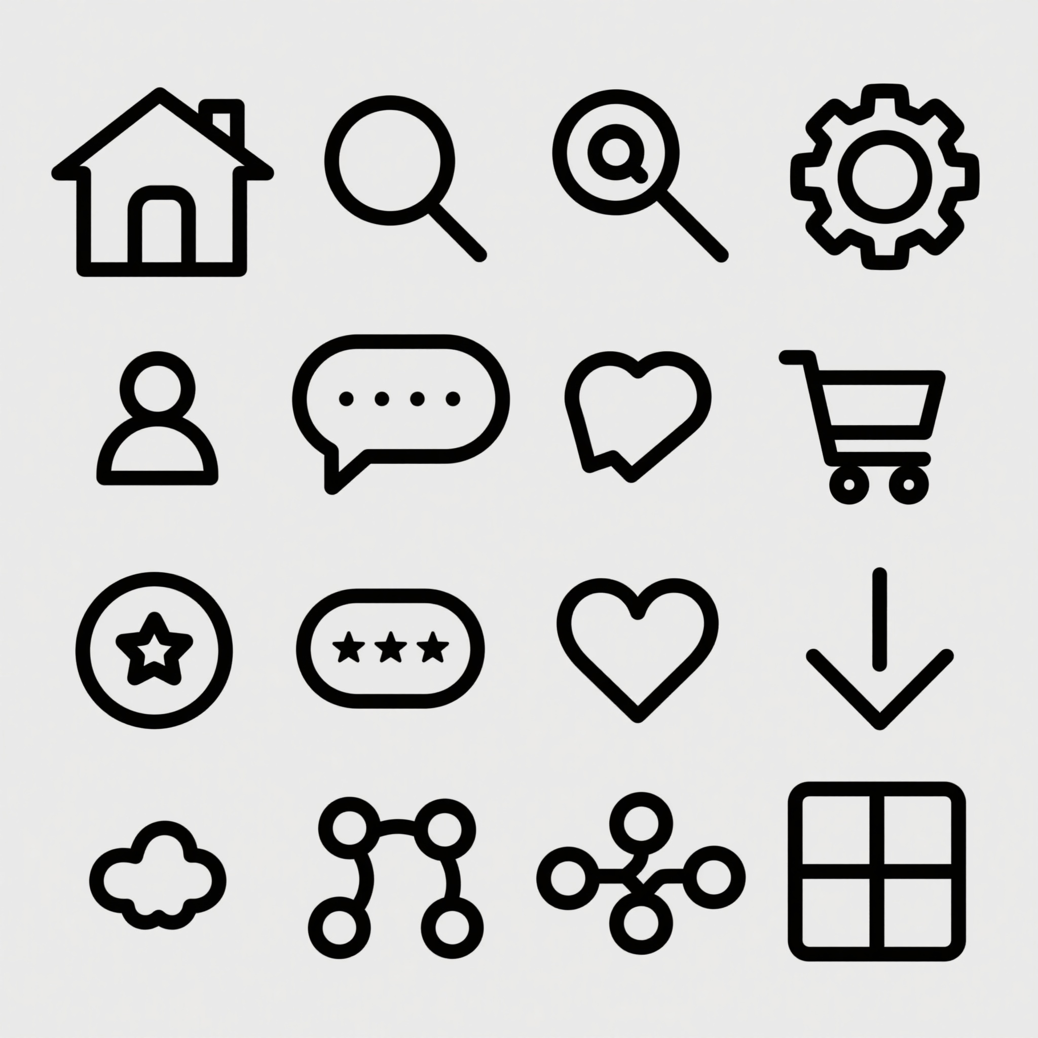 通用应用图标,线性平面图标集,简约设计风格,纯白色背景,黑色线条绘制,包含常用应用图标:主页图标(房屋轮廓),搜索图标(放大镜),设置图标(齿轮),用户图标(人物头像),消息图标(对话气泡),购物车图标(手推车),心形收藏图标,星形评价图标,下载图标(向下箭头),分享图标(连接符号),九宫格整齐排列,统一线条粗细,极简主义风格,矢量图形质感,现代UI设计